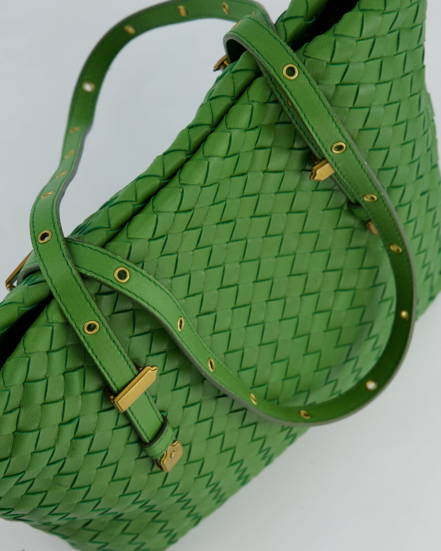 Bottega Veneta Small Parachute Bag in Green Intrecciato Leather with Gold Hardware