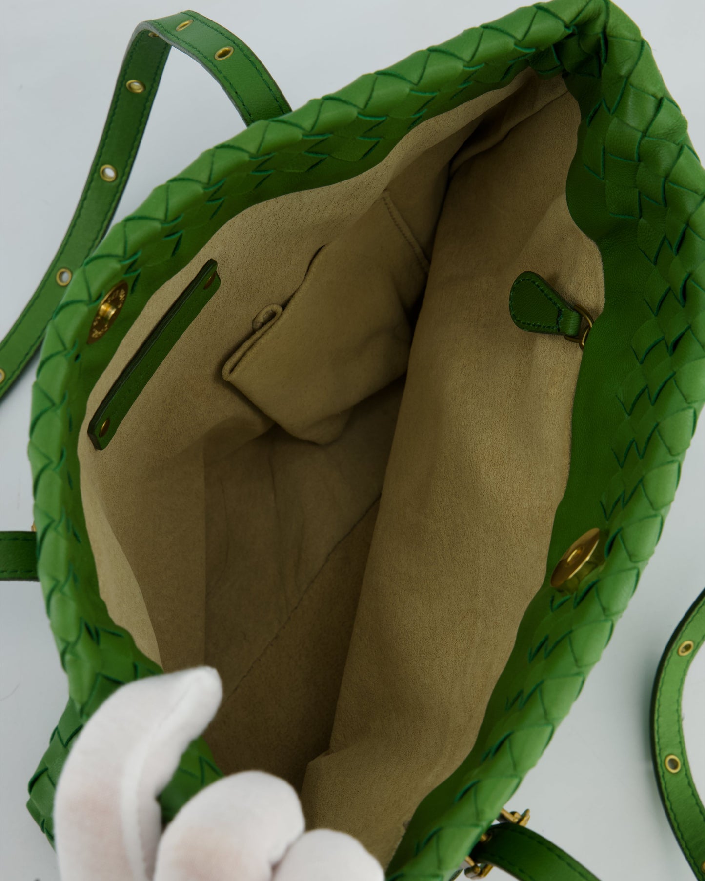 Bottega Veneta Small Parachute Bag in Green Intrecciato Leather with Gold Hardware