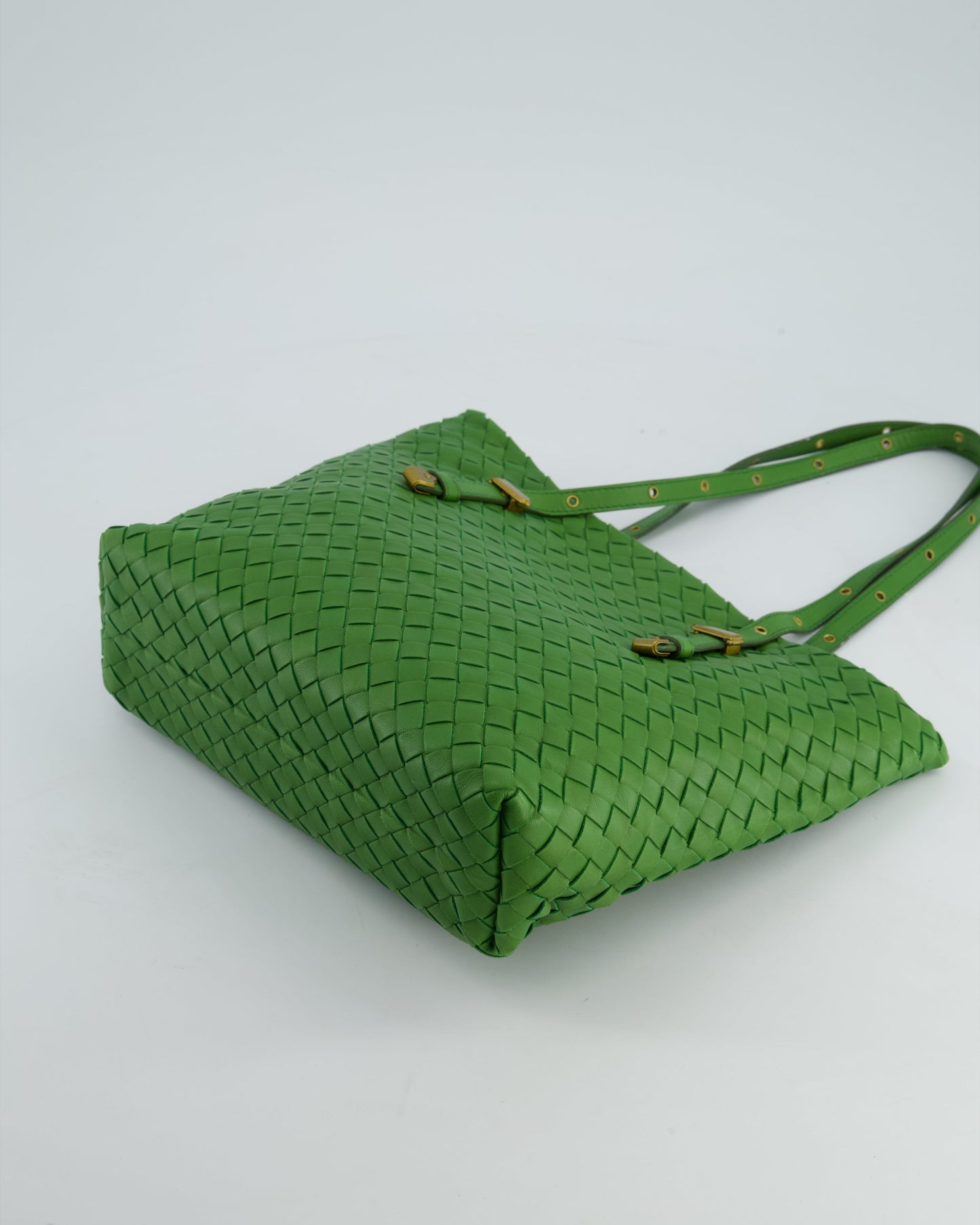 Bottega Veneta Small Parachute Bag in Green Intrecciato Leather with Gold Hardware