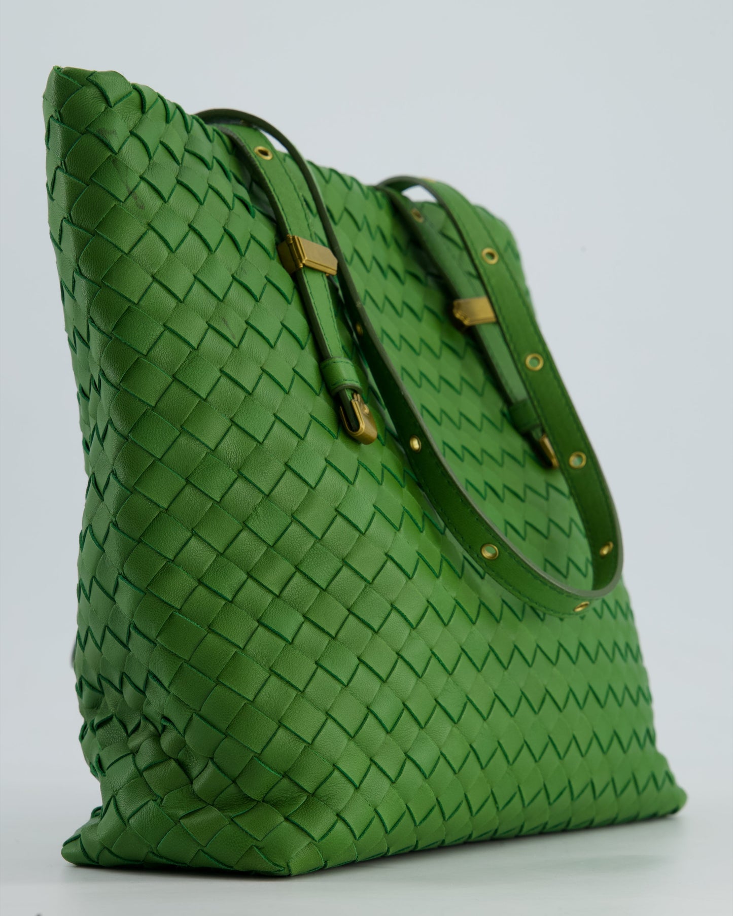 Bottega Veneta Small Parachute Bag in Green Intrecciato Leather with Gold Hardware