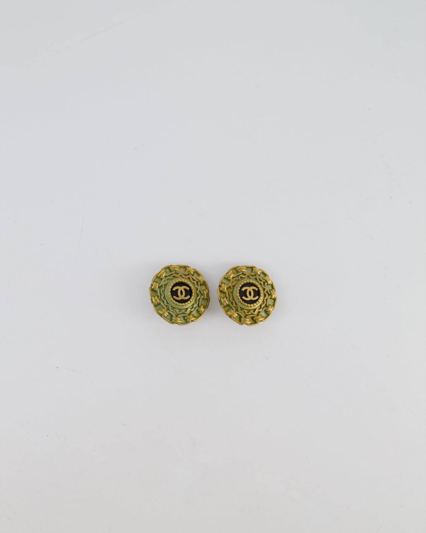 Chanel 94A   CC Brushed Gold Matelasse Round Small Clip-On Earrings with Black Detailing