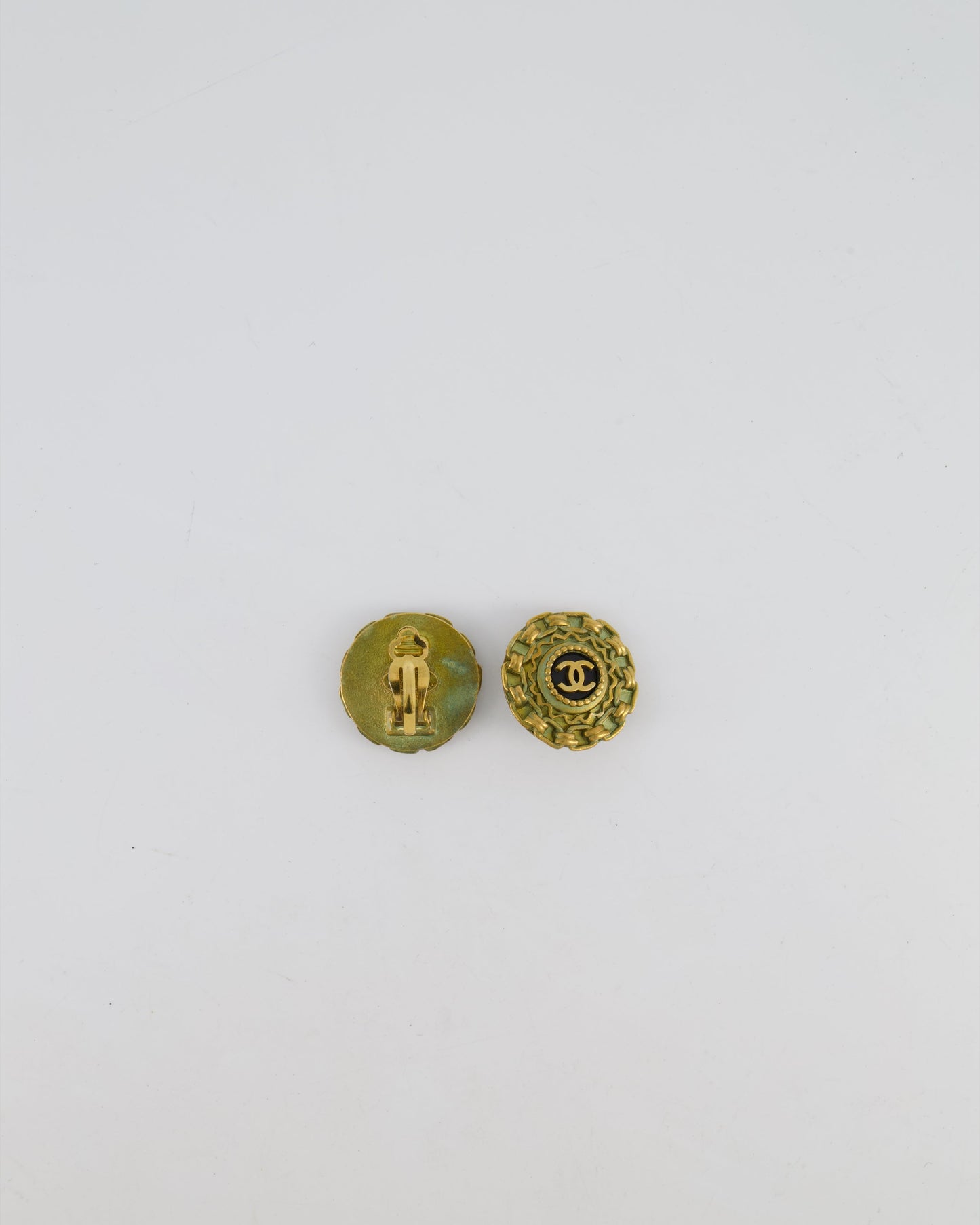 Chanel 94A   CC Brushed Gold Matelasse Round Small Clip-On Earrings with Black Detailing