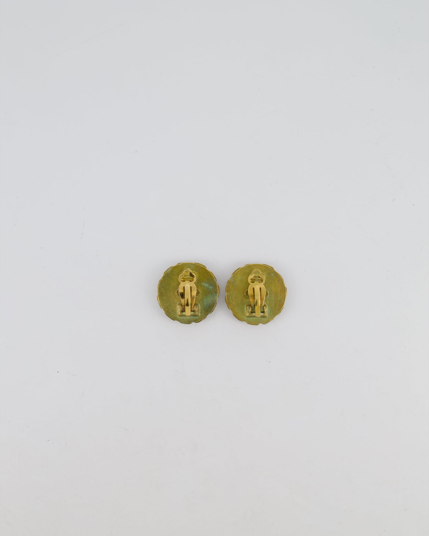 Chanel 94A   CC Brushed Gold Matelasse Round Small Clip-On Earrings with Black Detailing