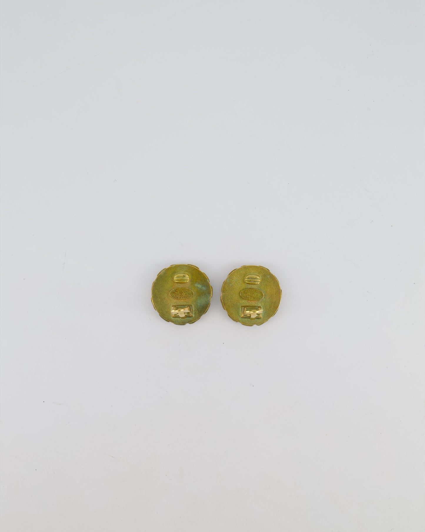 Chanel 94A   CC Brushed Gold Matelasse Round Small Clip-On Earrings with Black Detailing