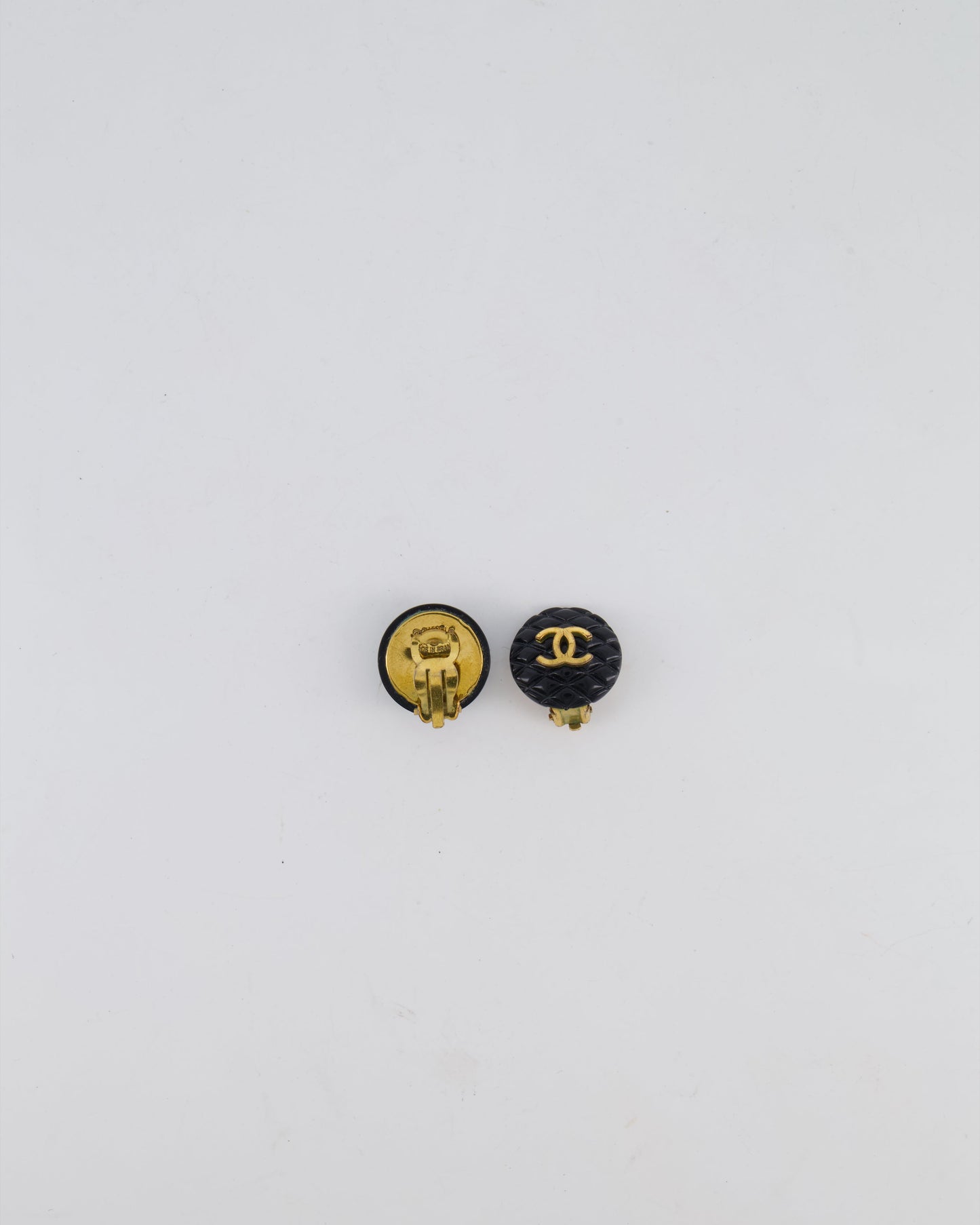 Chanel 94P   Black Matelasse Small Round Clip-On Earrings with Gold CC Logo
