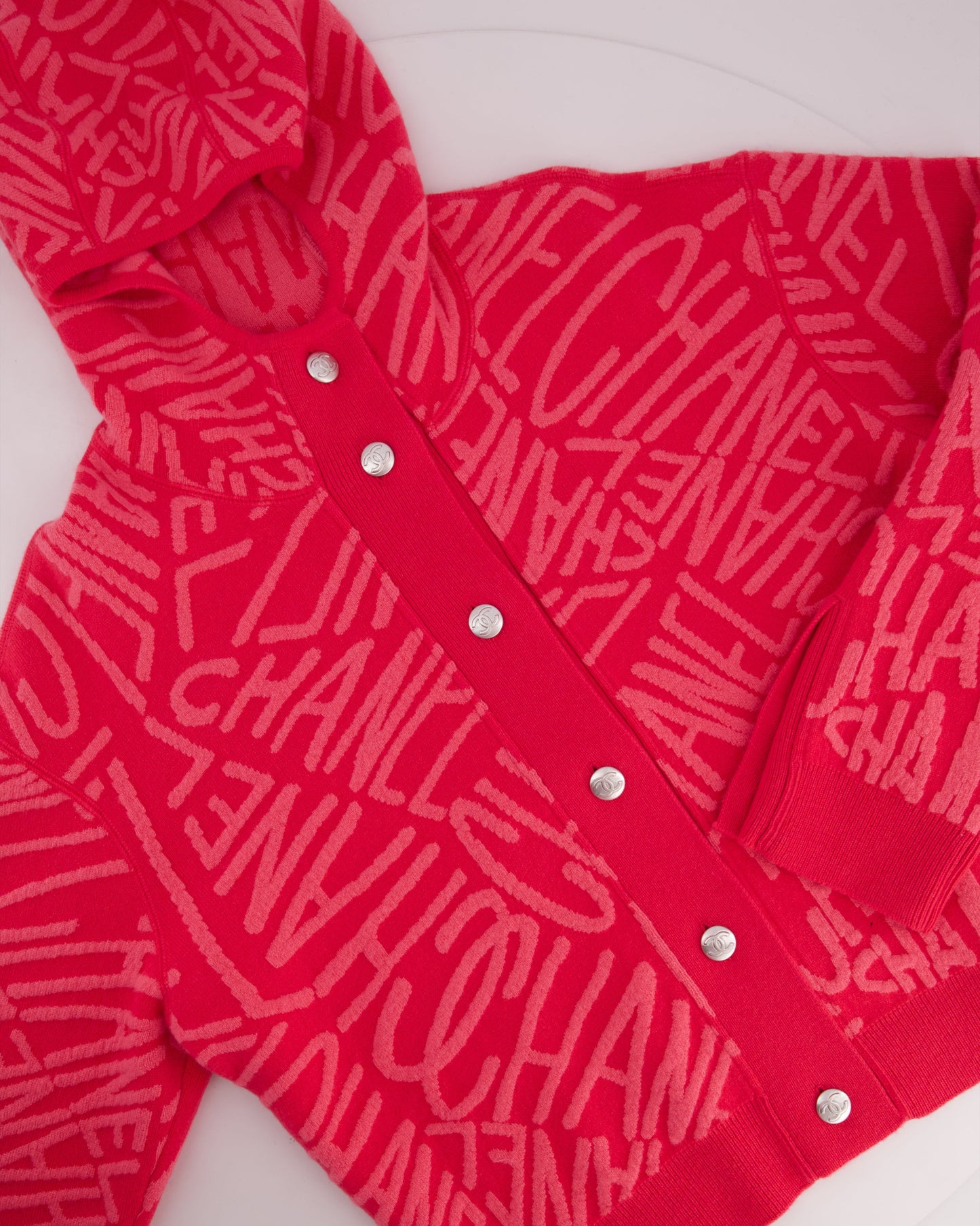 Chanel 21N Hot Pink Cashmere Button Down Long Sleeve Jumper with Hood and Logo Details Size FR 40 (UK 12) £3,425