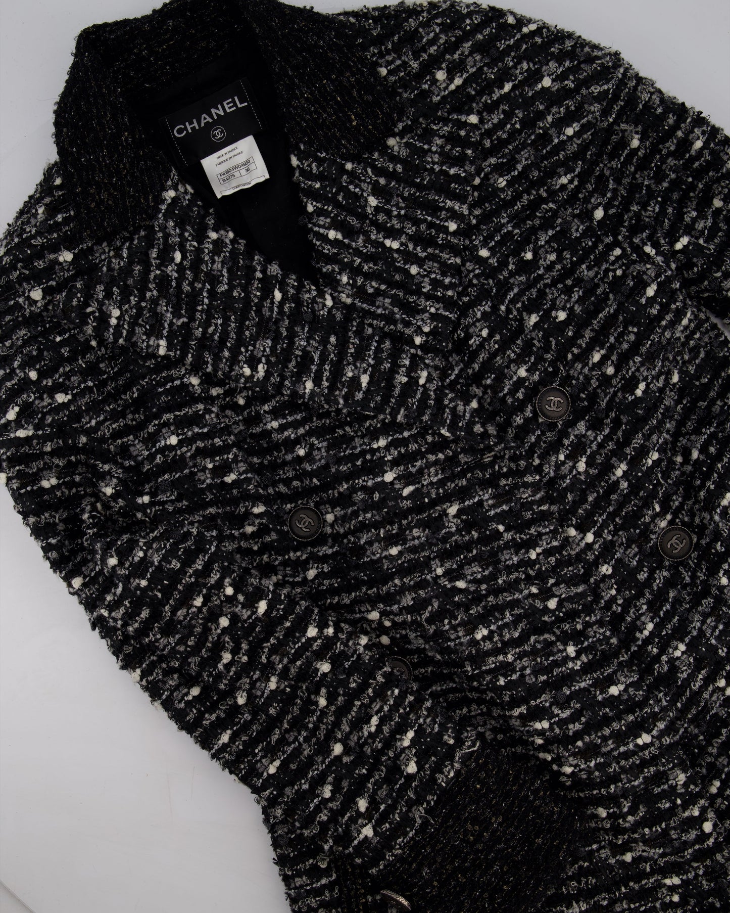 Chanel Black, Grey & White Tweed Double Breasted Jacket with Black CC Logo Buttons Size FR 36 (UK 8)