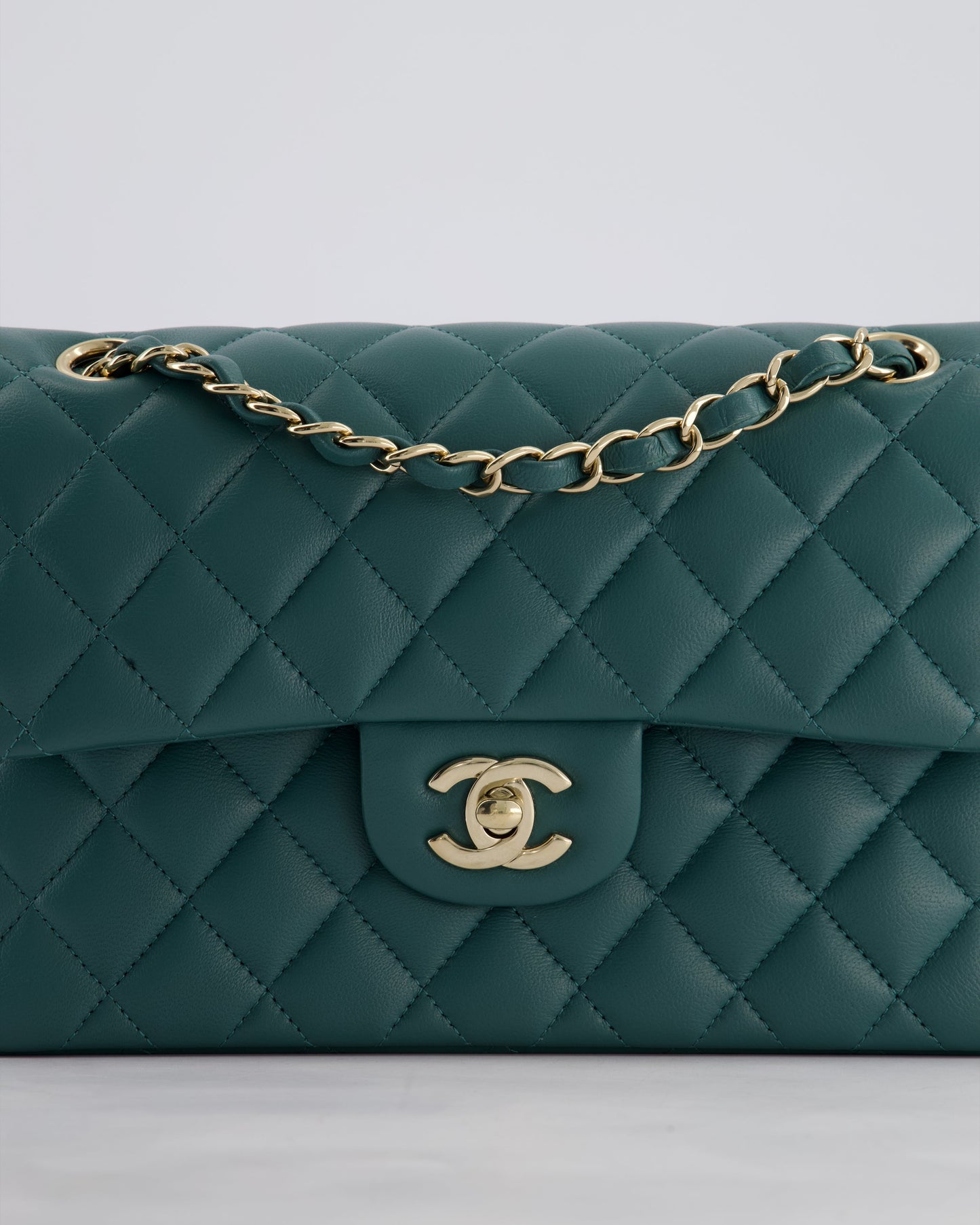 Chanel Green Small Classic Double Flap Bag in Lambskin Leather with Champagne Gold Hardware
