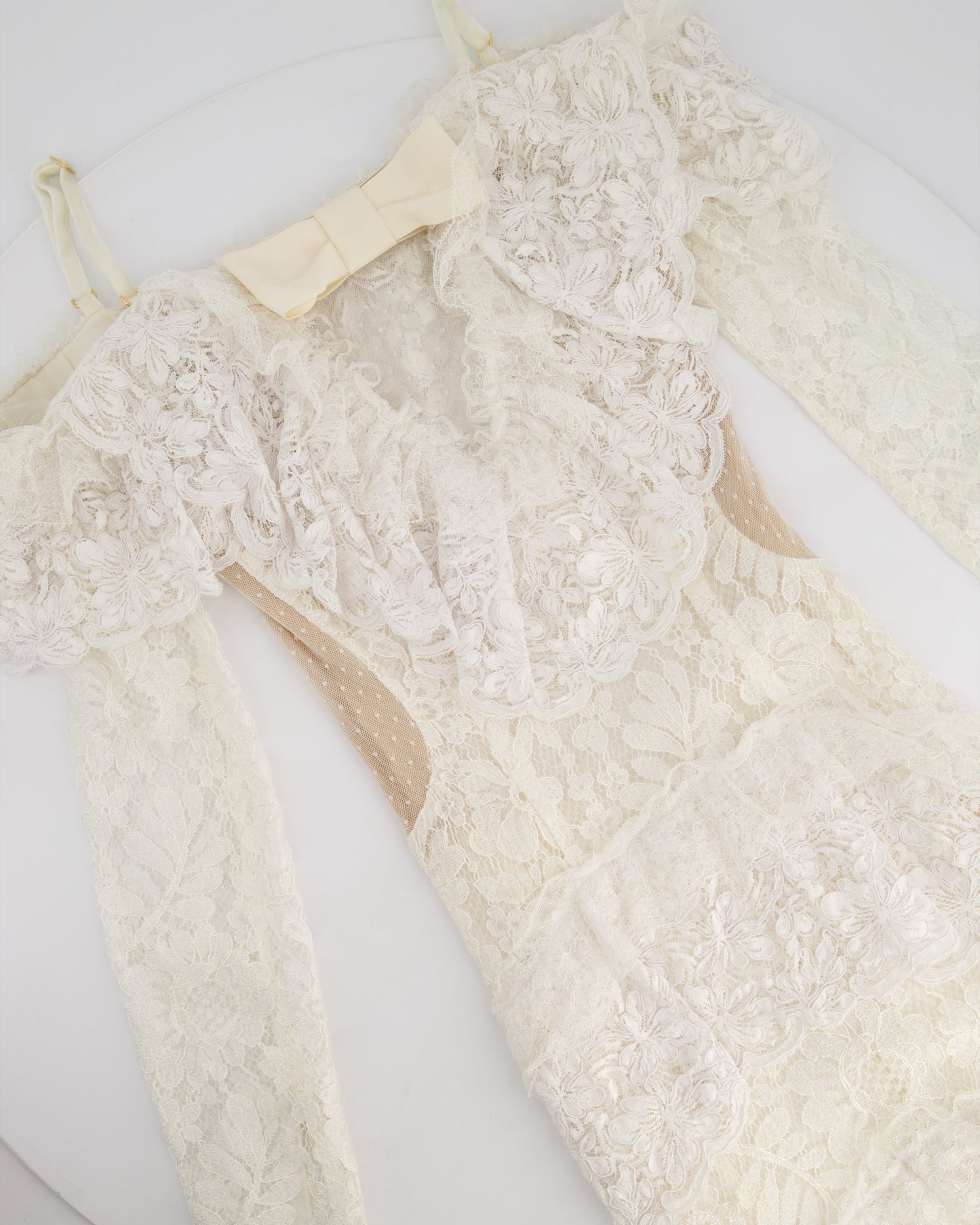 Alessandra Rich White Tiered Lace Long Sleeve Maxi Dress with Frills and Bow Detail Size IT 38 (UK 6)