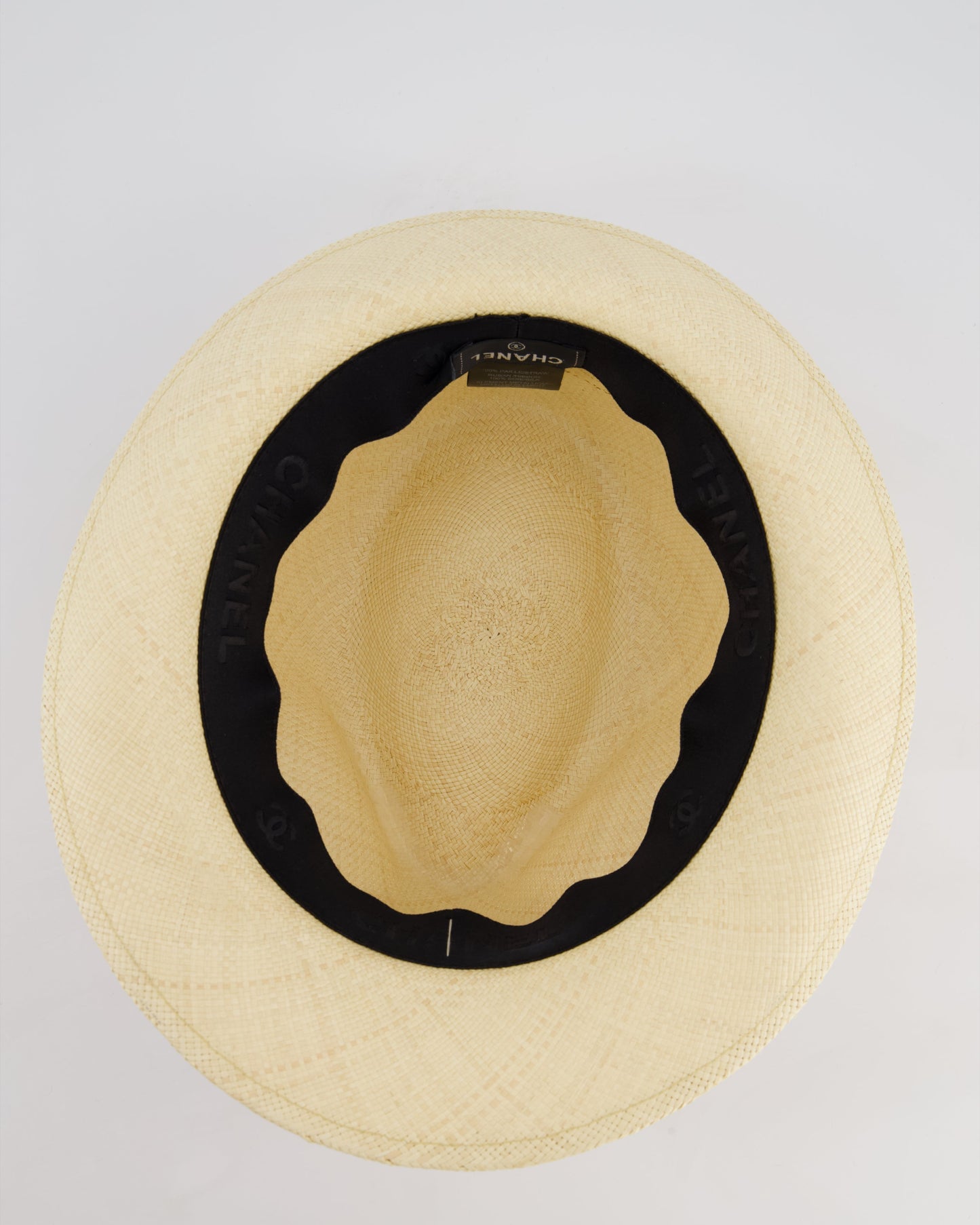 Chanel Beige Raffia Woven Hat with Black, Blue and Red Bandeaux and CC Logo Size M