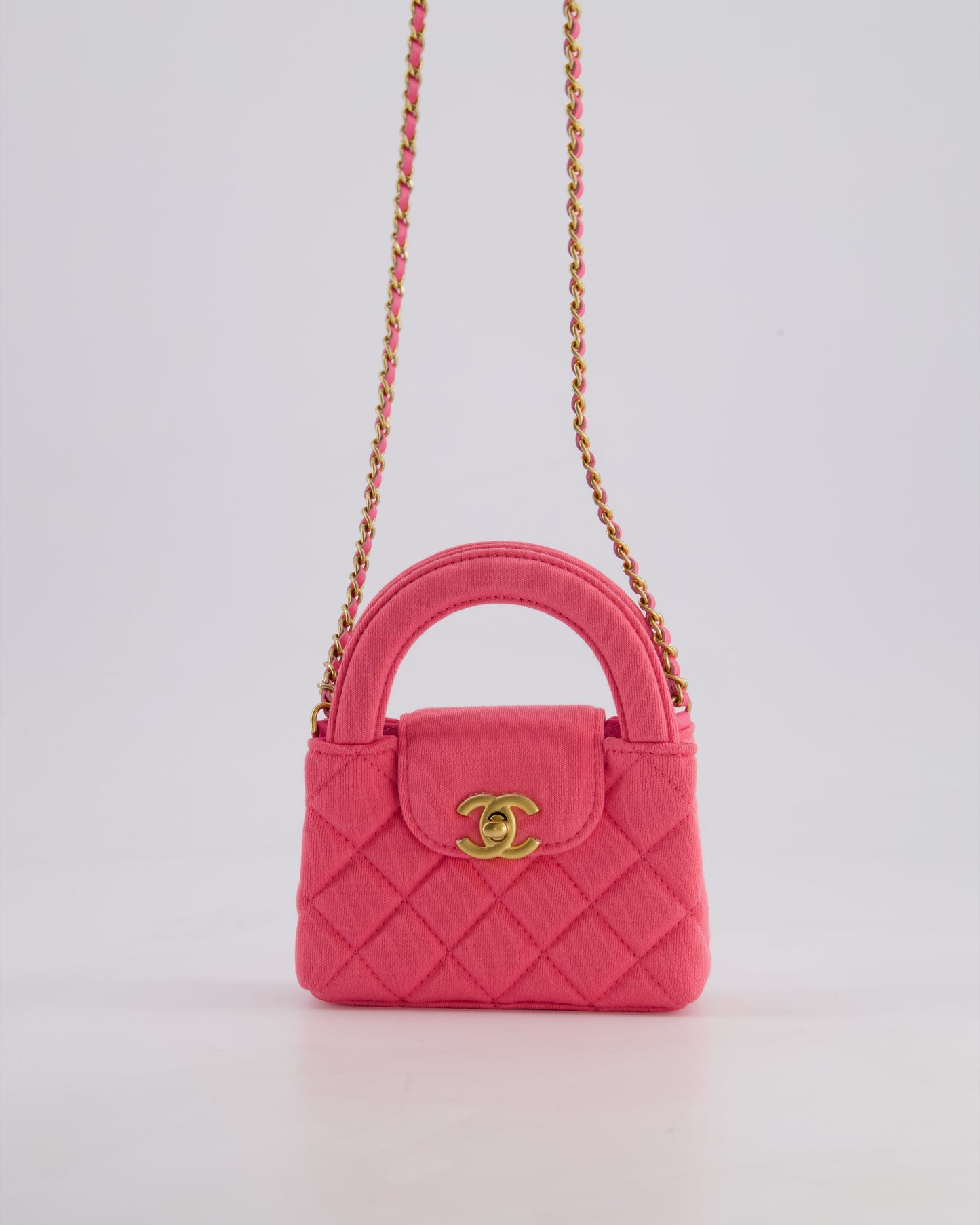 *RARE* Chanel Pink Nano Mini Kelly Bag in Pink Quilted Jersey with Brushed Antique Gold Hardware