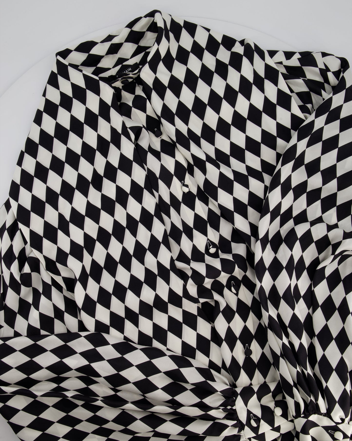 Balmain Black and White Lavalliere Diamond Print Silk Shirt with Puff Sleeves and Pussy Bow Detail Size FR 34 (UK 6) RRP £1490