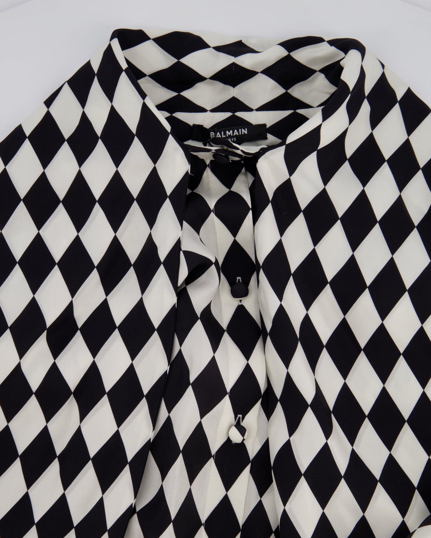 Balmain Black and White Lavalliere Diamond Print Silk Shirt with Puff Sleeves and Pussy Bow Detail Size FR 34 (UK 6) RRP £1490