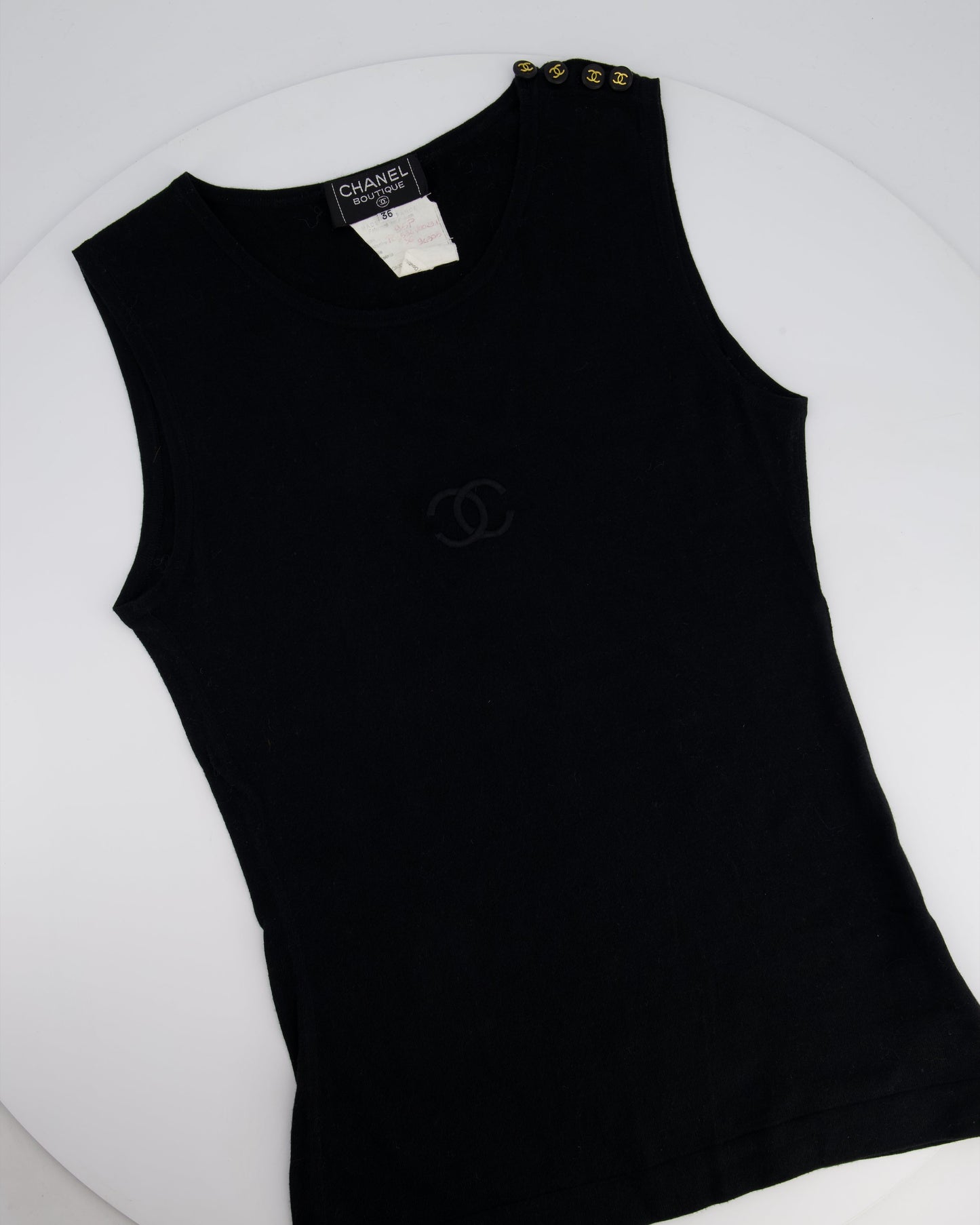 Chanel 95P   Black Sleeveless Cotton Top with Stitched Logo and Gold Logo Buttons on the Shoulder Size FR 36 (UK 8)