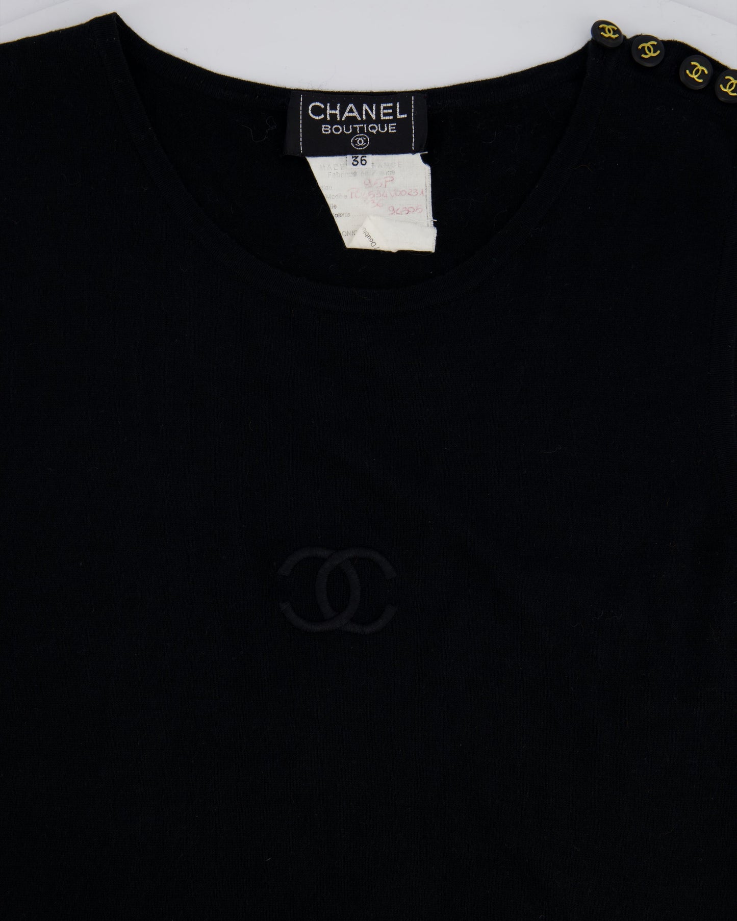 Chanel 95P   Black Sleeveless Cotton Top with Stitched Logo and Gold Logo Buttons on the Shoulder Size FR 36 (UK 8)
