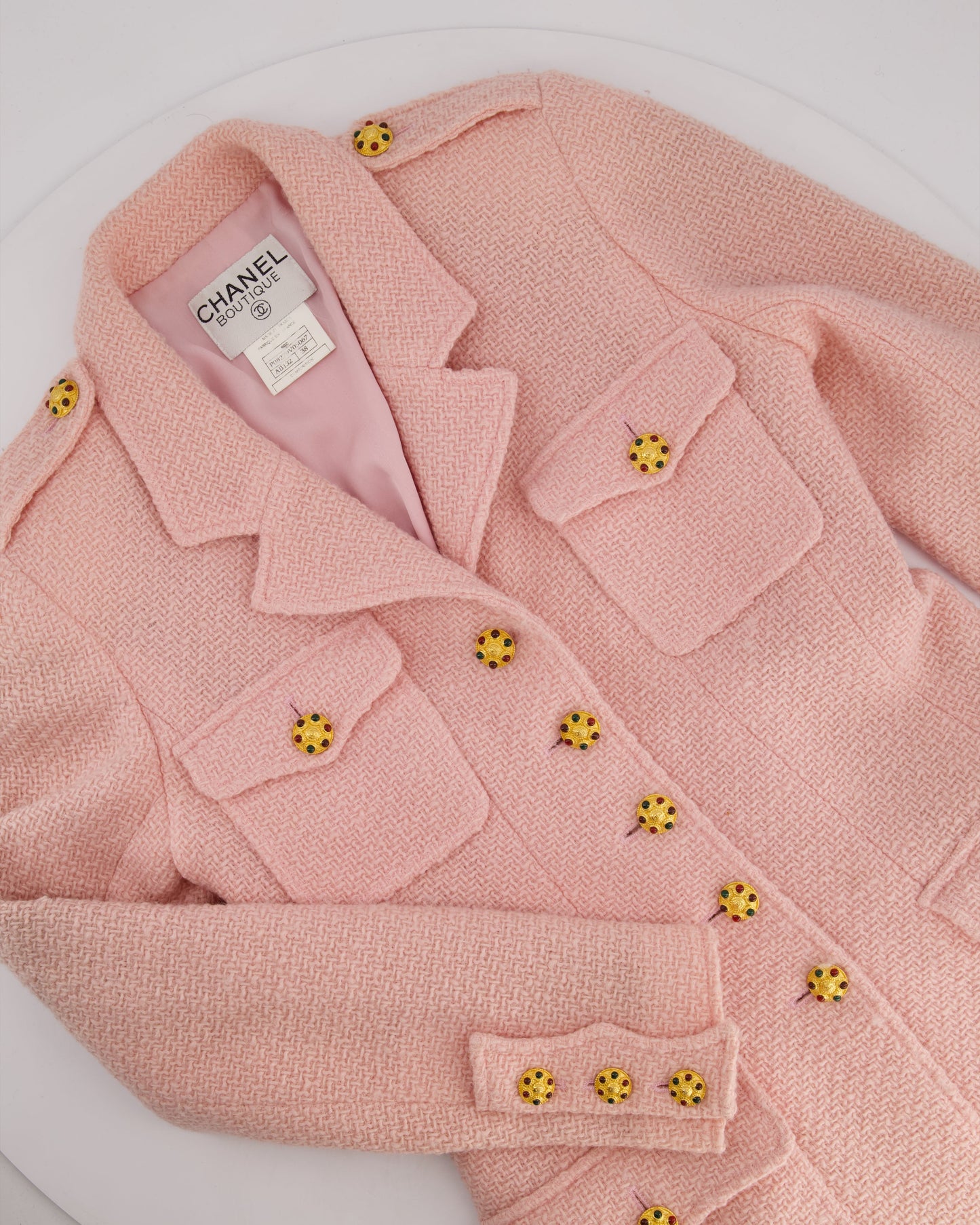 Chanel 96/A   Pastel Pink Tweed Jacket with Gold Gripoix Buttons and Pocket Details FR 38 (UK 10)