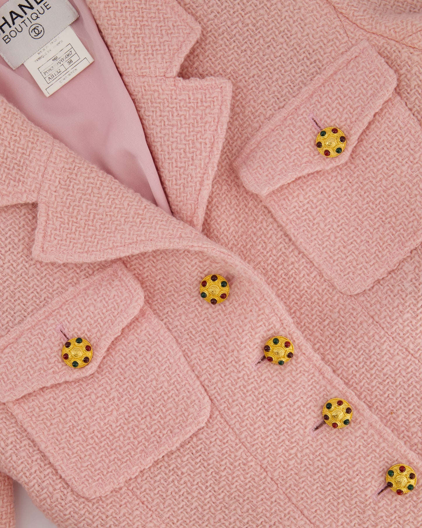 Chanel 96/A   Pastel Pink Tweed Jacket with Gold Gripoix Buttons and Pocket Details FR 38 (UK 10)