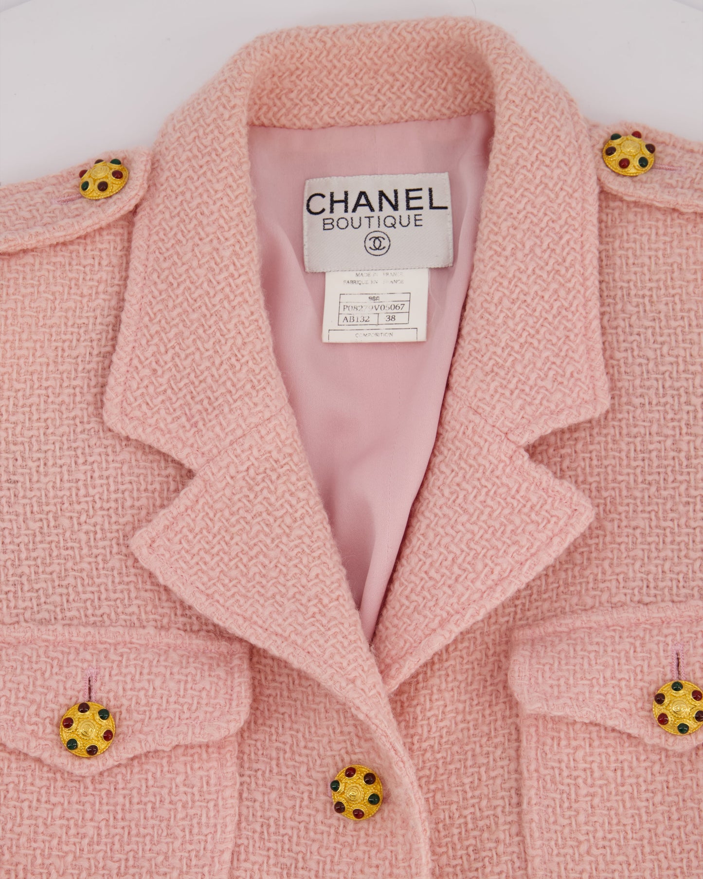 Chanel 96/A   Pastel Pink Tweed Jacket with Gold Gripoix Buttons and Pocket Details FR 38 (UK 10)