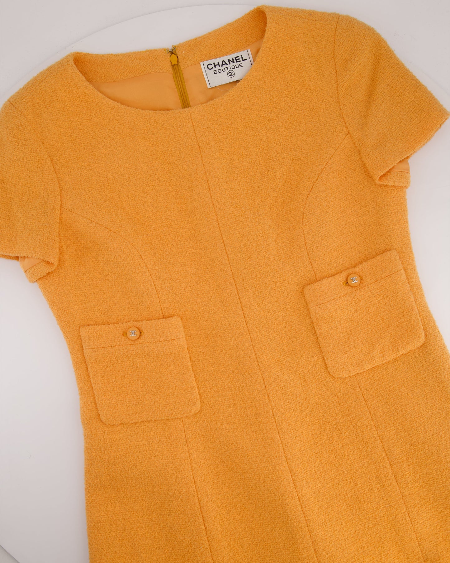 Chanel   Apricot Orange Tweed Short-Sleeve Mini Dress with CC Buttons Detail Size FR 38 (UK 10)