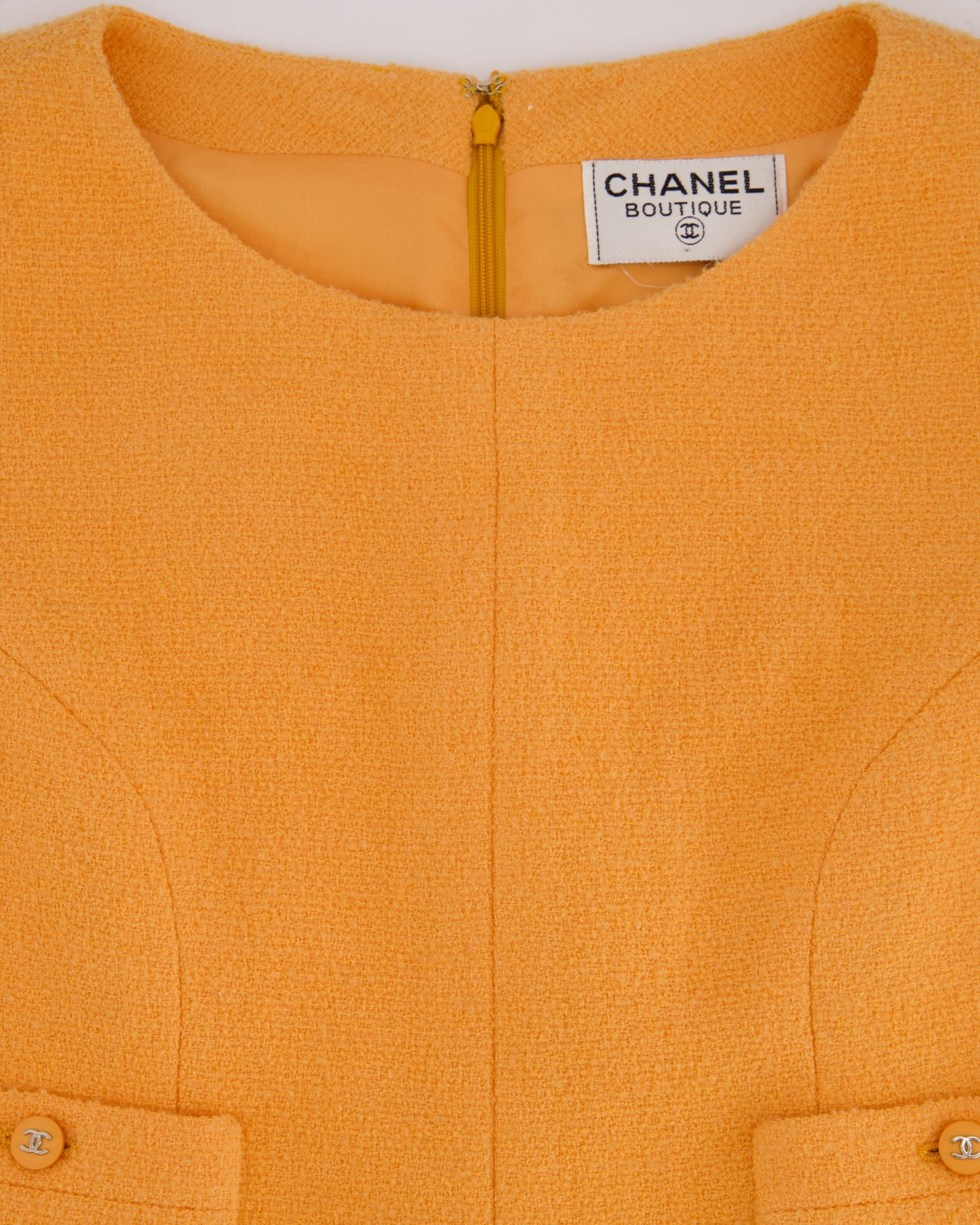 Chanel   Apricot Orange Tweed Short-Sleeve Mini Dress with CC Buttons Detail Size FR 38 (UK 10)