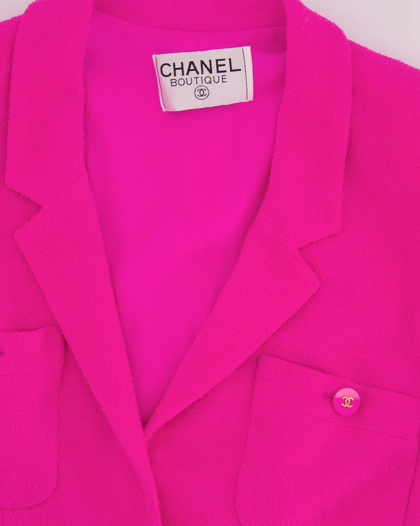 Chanel Hot Pink Spring 1995 Barbie Collection Tweed Jacket with Gold CC Logo Buttons Size FR 38/40( UK 10/12)