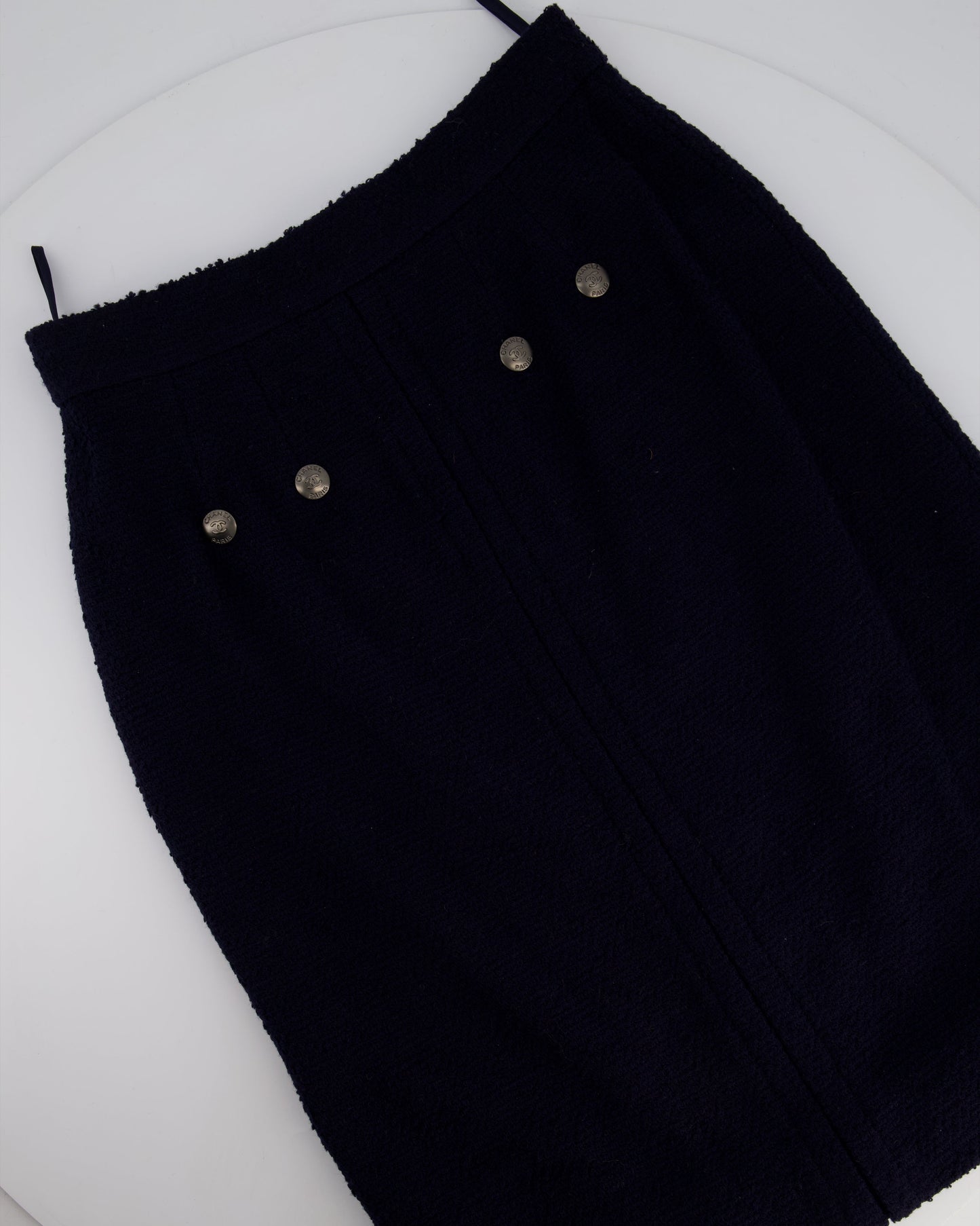 Chanel 97A Navy Wool Long Sleeve Jacket and Pencil Skirt Set with Red, Blue, Green and Yellow Neckline Applique Detail Size FR 38 (UK 10)