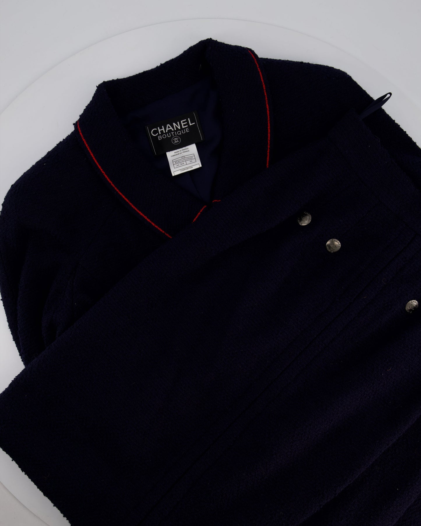 Chanel 97A Navy Wool Long Sleeve Jacket and Pencil Skirt Set with Red, Blue, Green and Yellow Neckline Applique Detail Size FR 38 (UK 10)