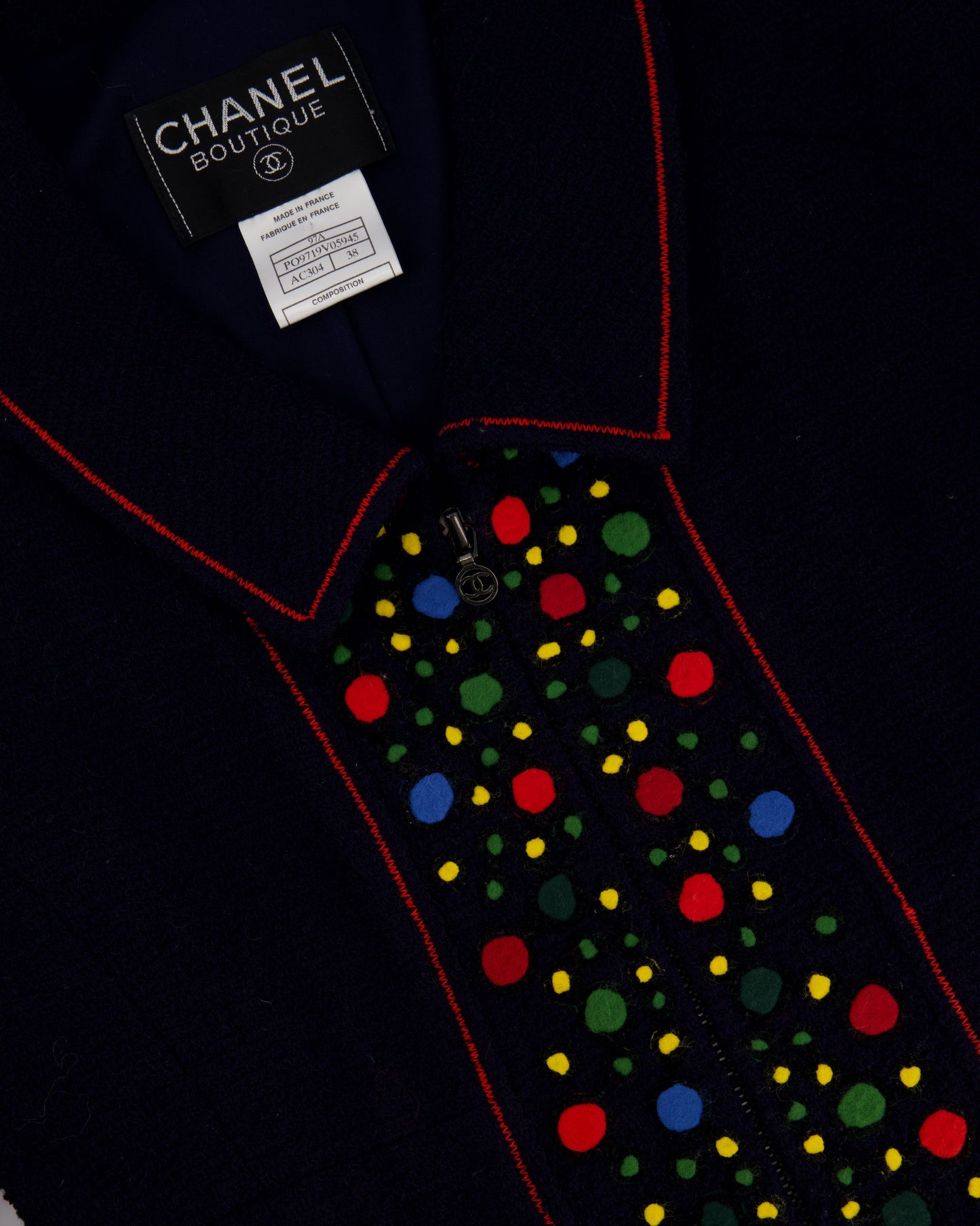 Chanel 97A Navy Wool Long Sleeve Jacket and Pencil Skirt Set with Red, Blue, Green and Yellow Neckline Applique Detail Size FR 38 (UK 10)