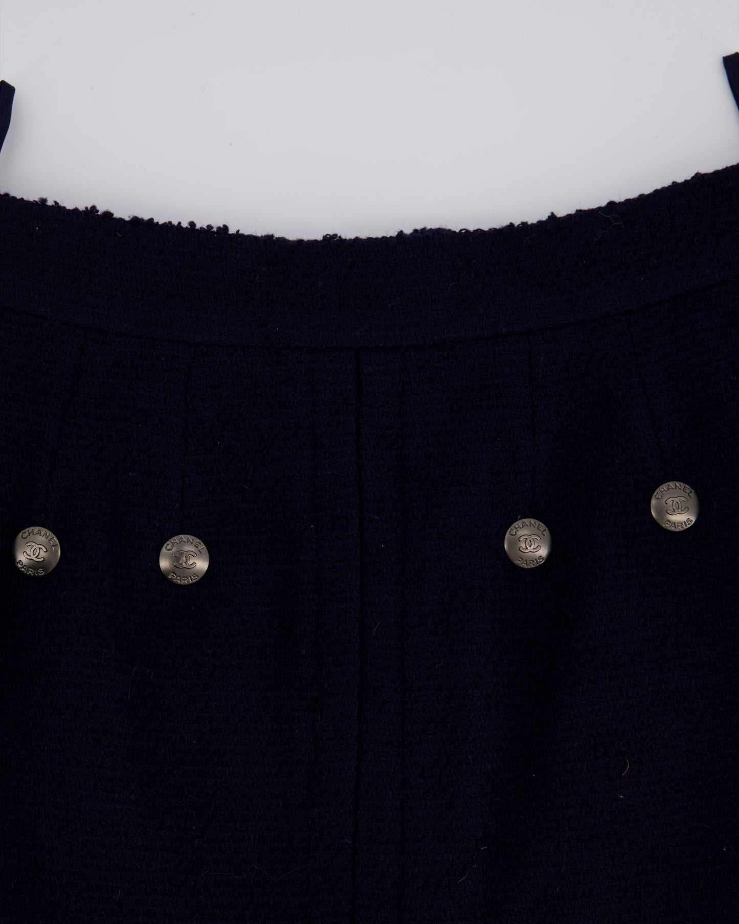 Chanel 97A Navy Wool Long Sleeve Jacket and Pencil Skirt Set with Red, Blue, Green and Yellow Neckline Applique Detail Size FR 38 (UK 10)
