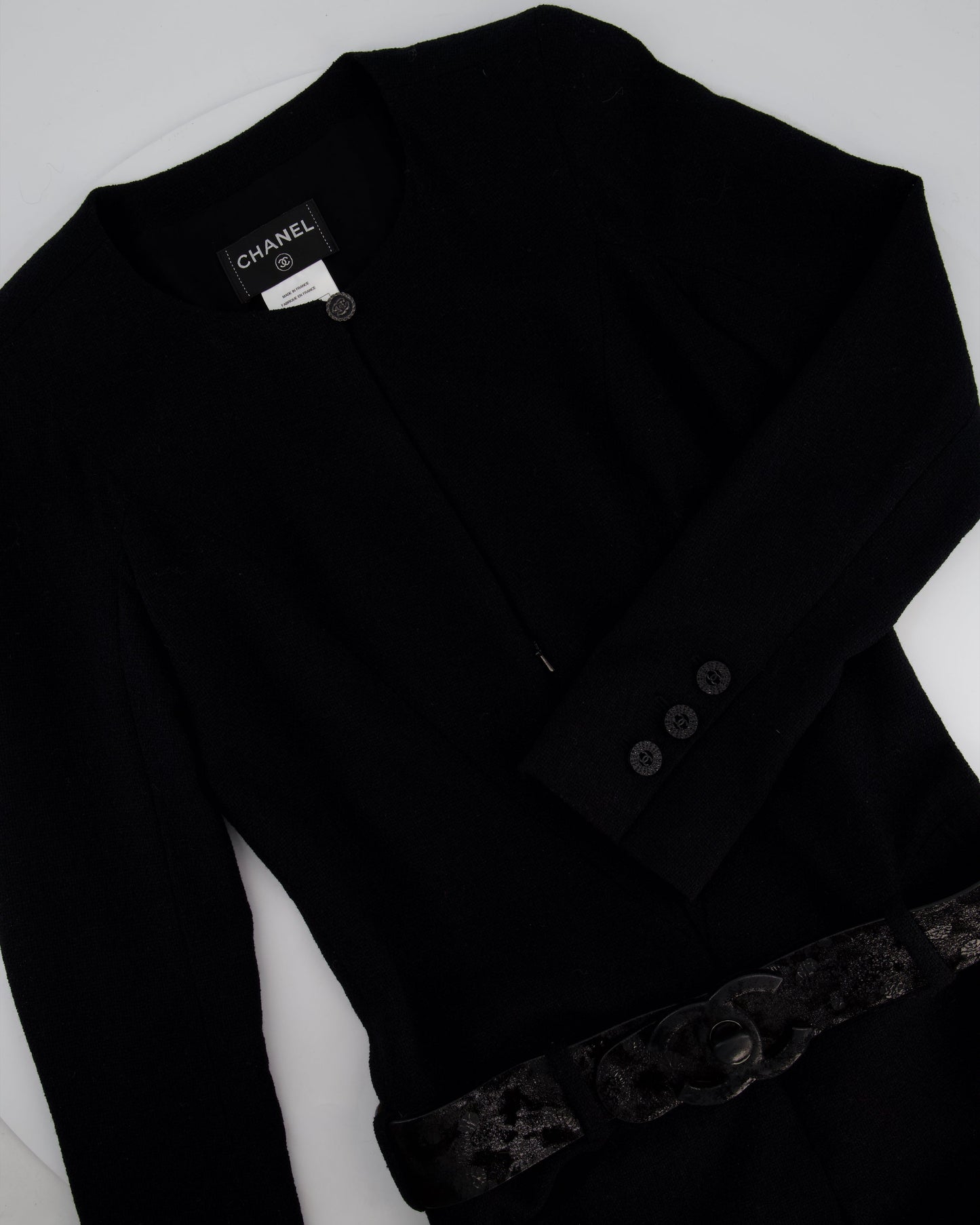 Chanel 09A Black Wool Short Dress with Crystal CC Buttons & CC Belt Details Size FR 34 (UK 6) RRP £3120