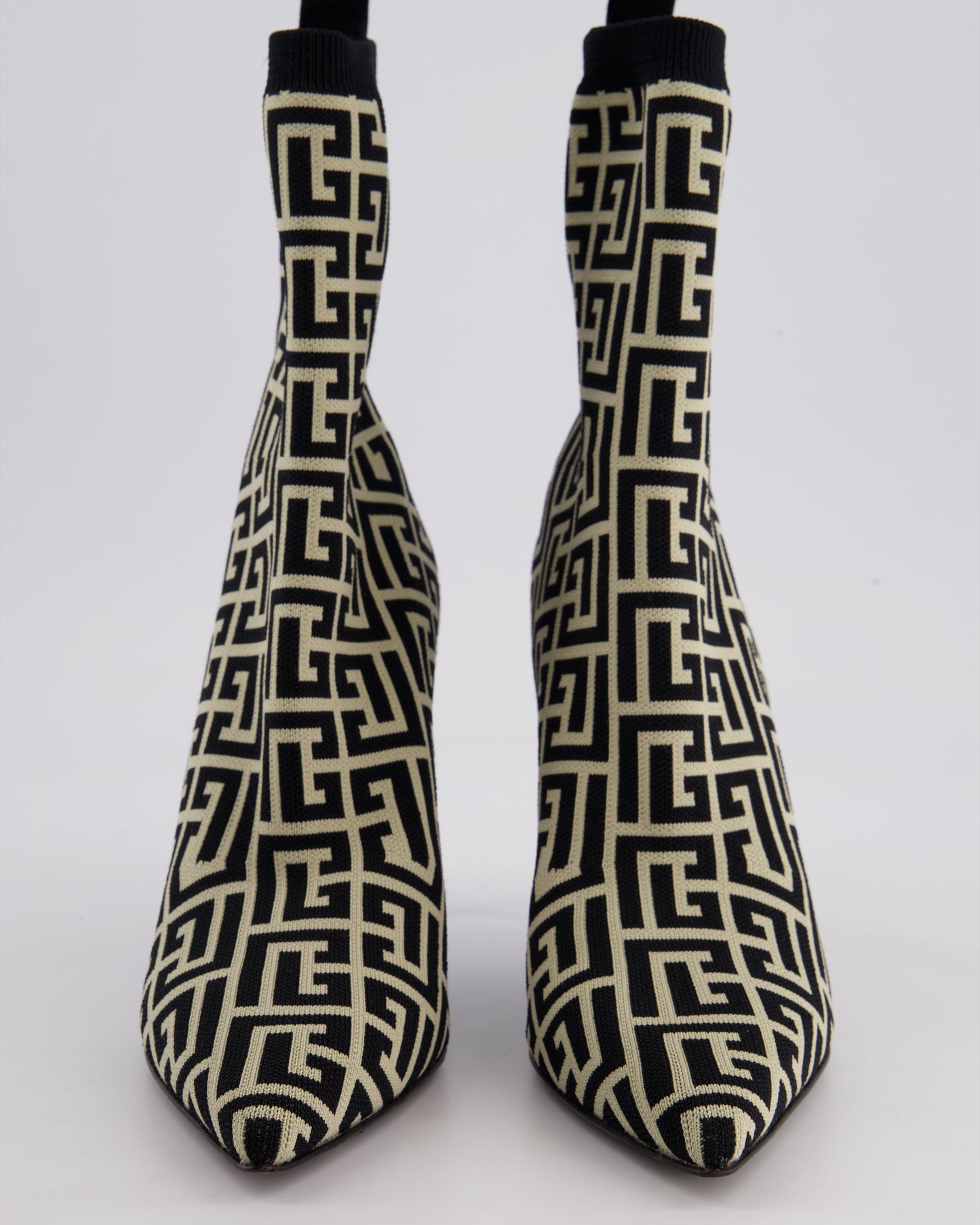 Balmain Black & Cream Raven Monogram Fabric Socks Ankle Boots Size EU 39