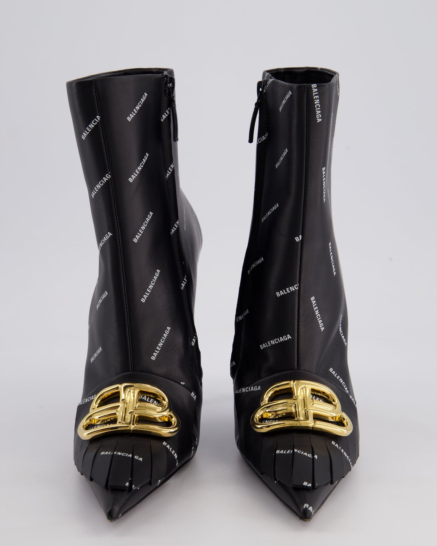 Balenciaga Black Knife BB Fringe Leather Ankle Boots with Gold BB Buckle Size EU 39