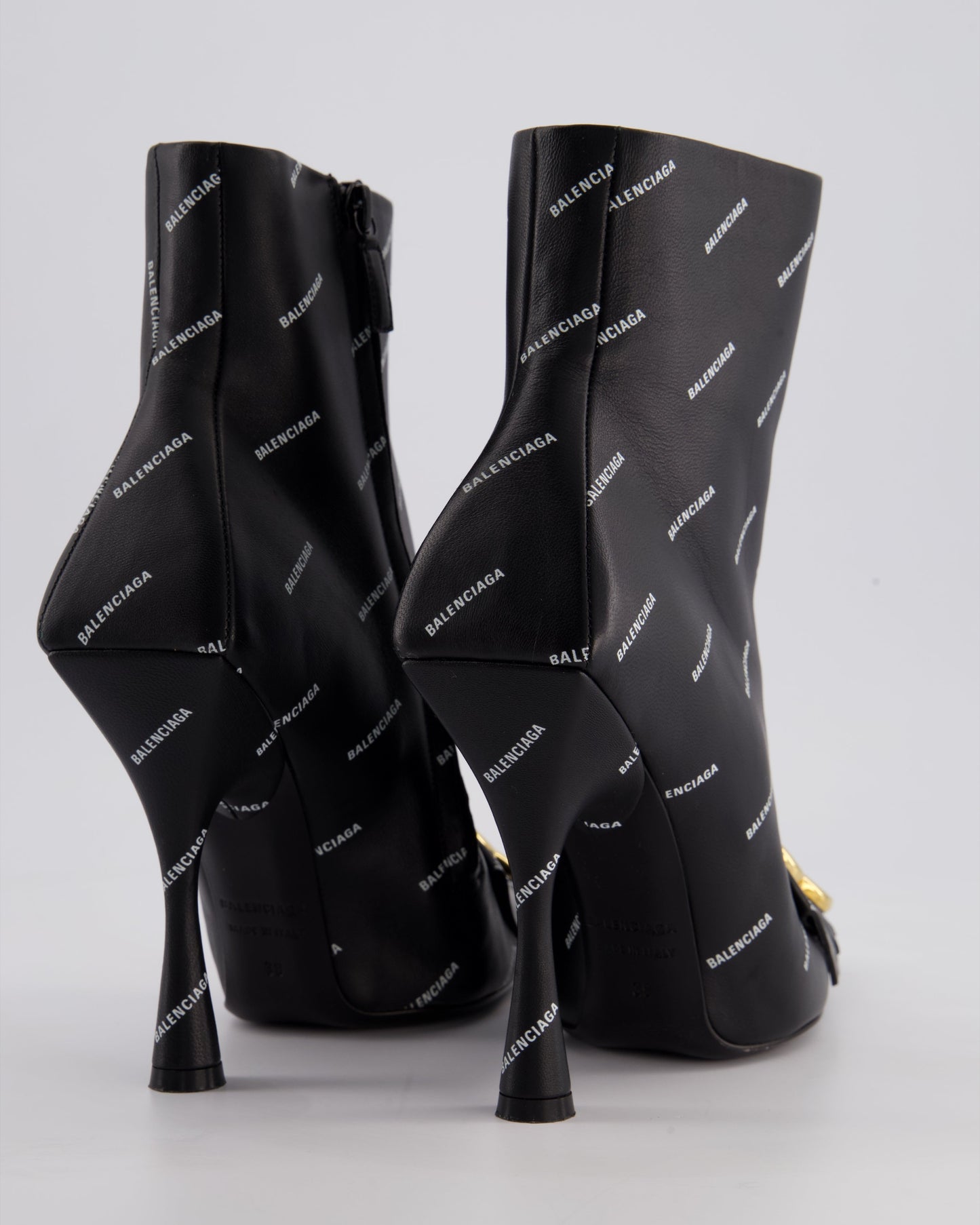 Balenciaga Black Knife BB Fringe Leather Ankle Boots with Gold BB Buckle Size EU 39