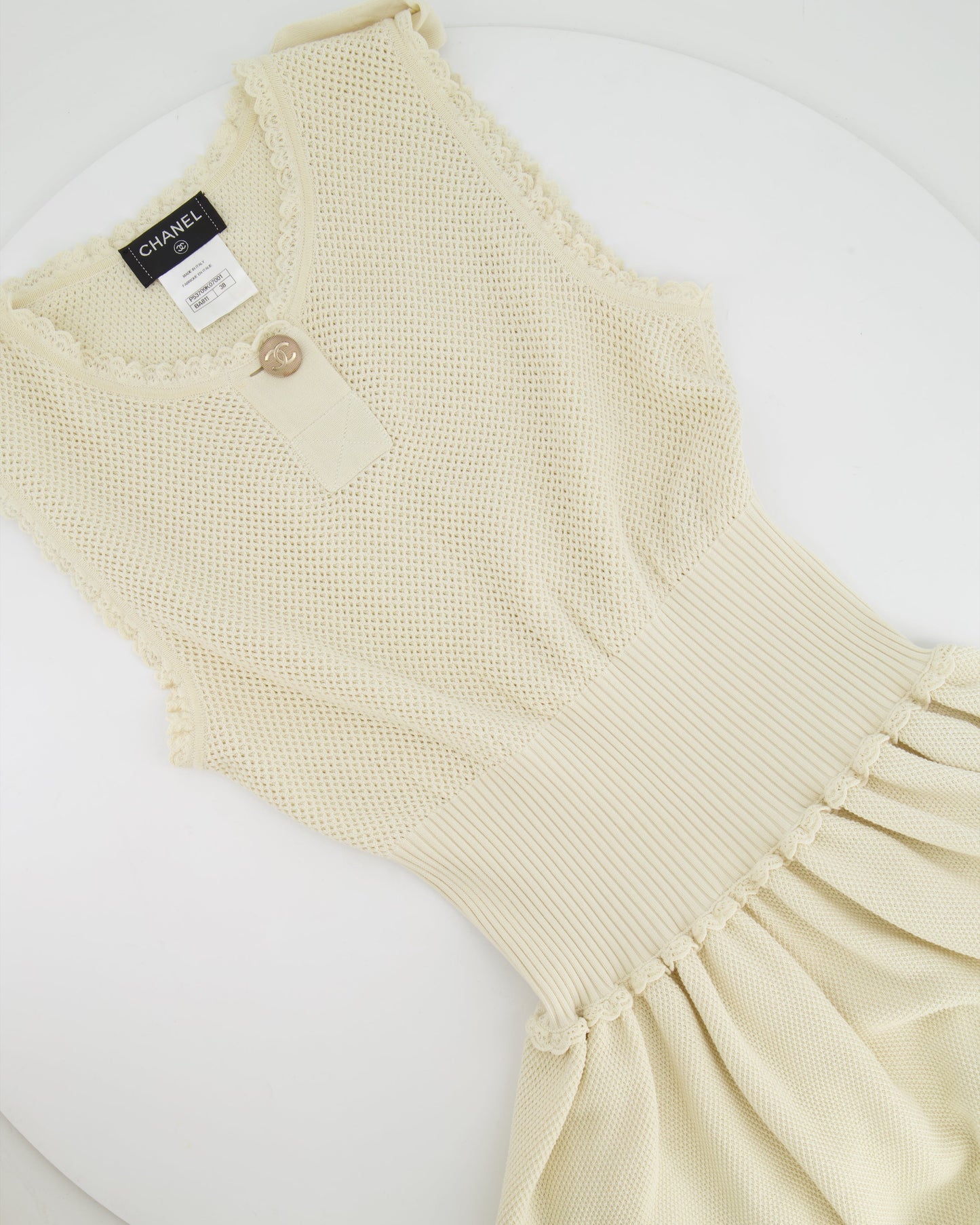 Chanel Cream Knit Sleeveless Mini Dress with Gold CC Logo Detail Size FR 38 (UK 10)