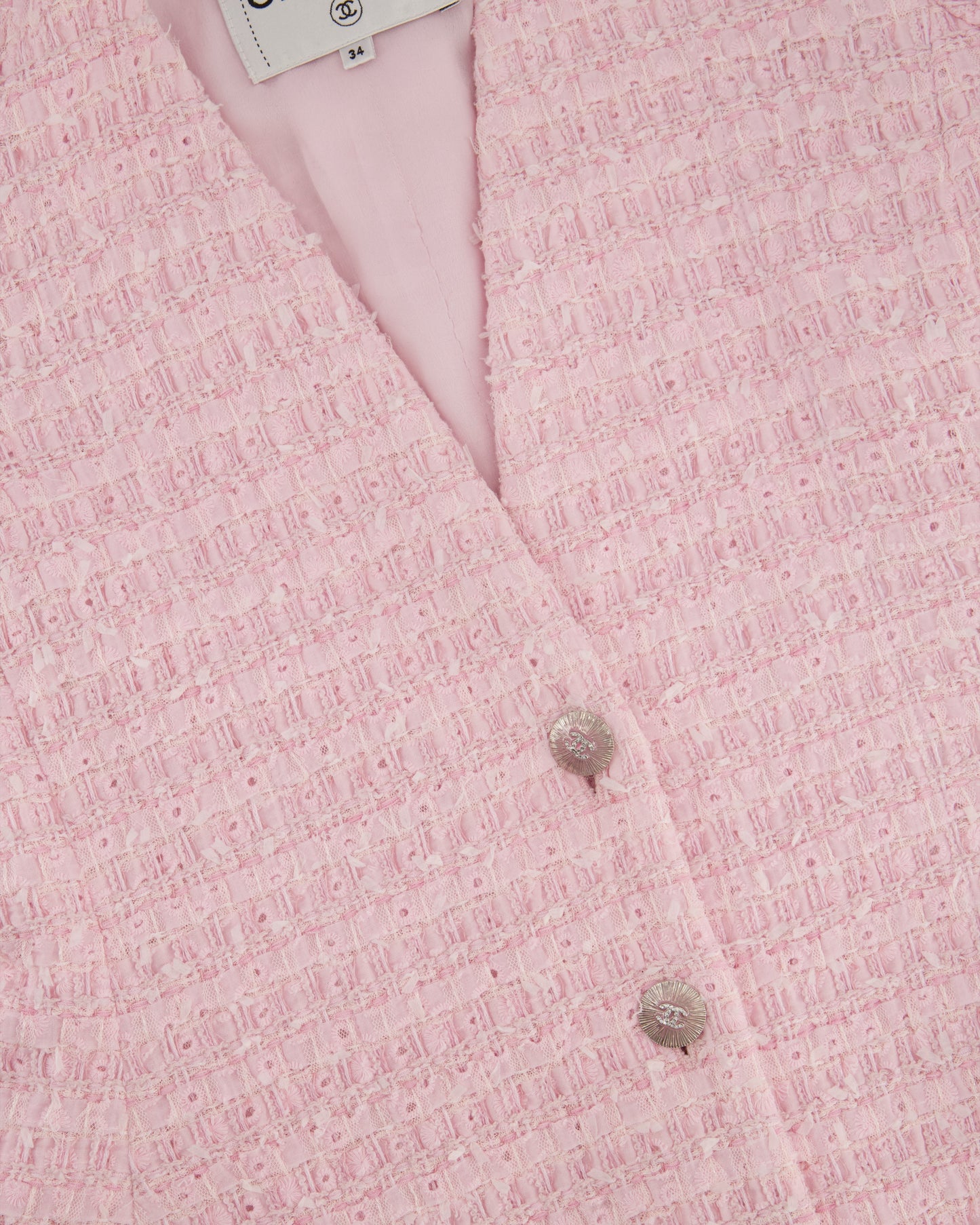 *HOT* Chanel 24S Pink Tweed Long Sleeve A-Line Asymmetric Mini Dress with Silver and Pink Logo Button Details Detail FR 34 (UK 6) RRP £11,650