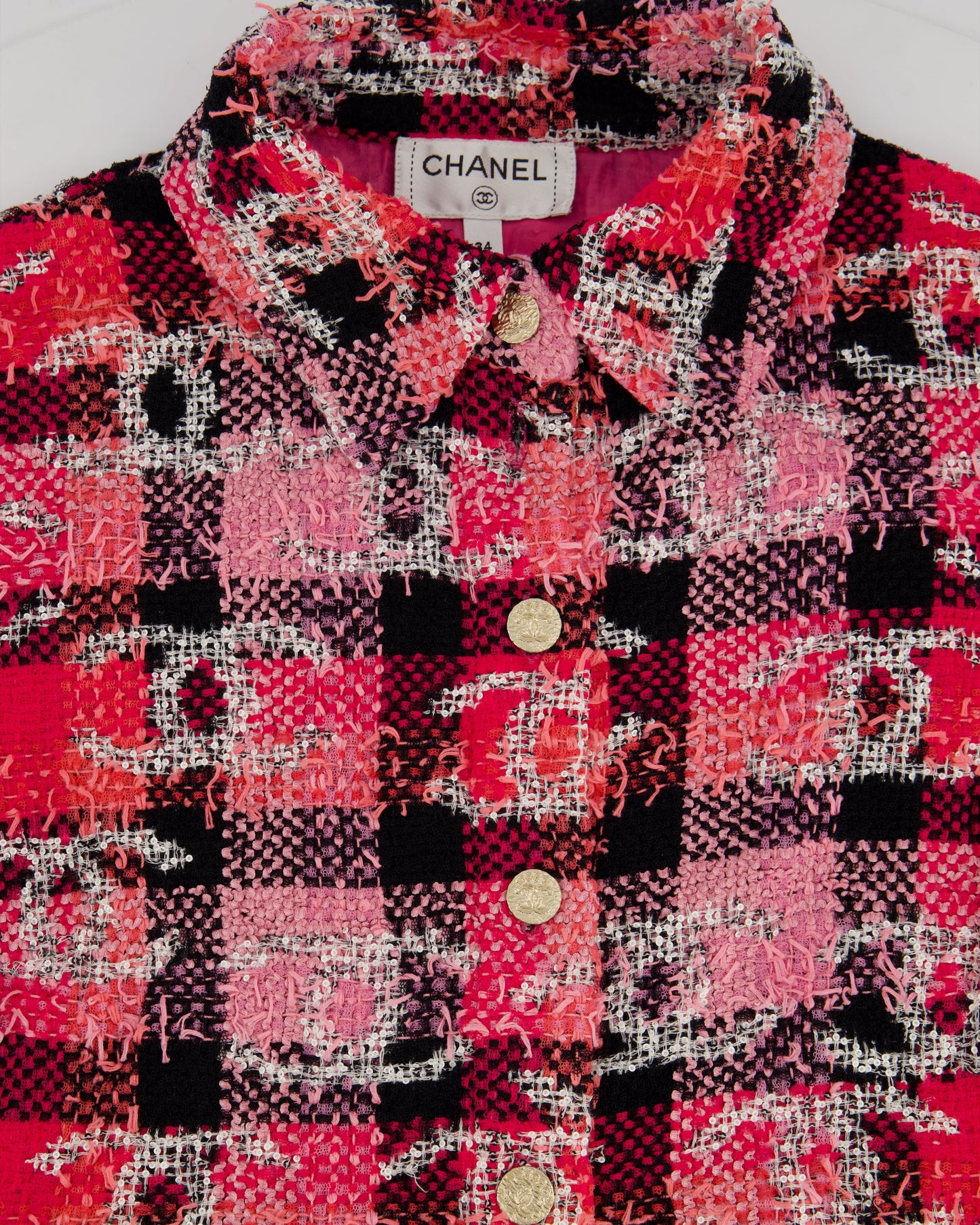 Chanel 22M Coco Beach Hot Pink & Black Cropped Tweed Shirt with White CC Logo Detail Size FR 34 (UK 6)