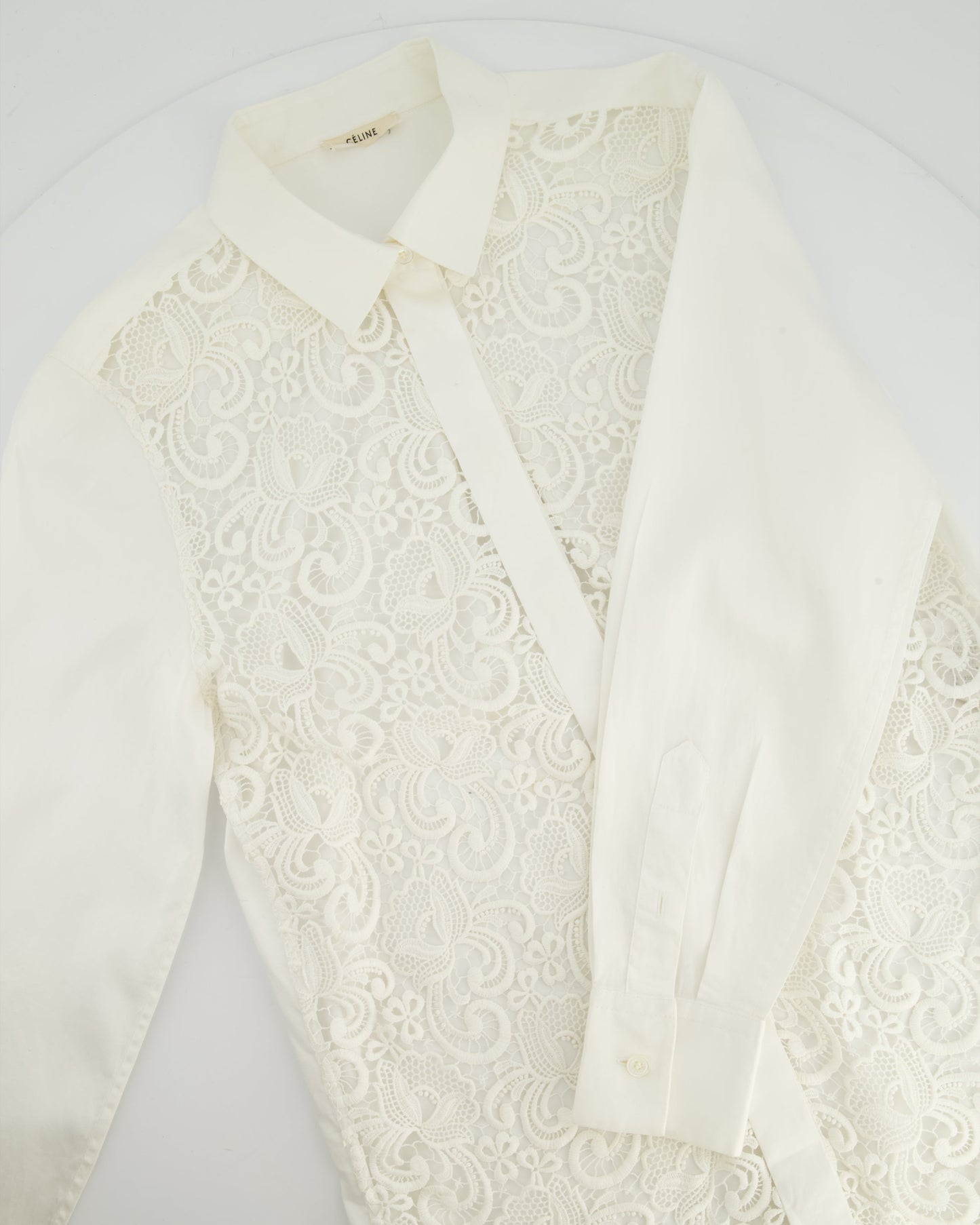 Celine White Cotton Poplin Long Sleeve Shirt with Macrame Front Detail Size FR 38 (UK 10)