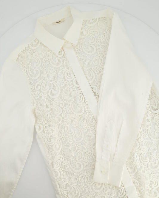 Celine White Cotton Poplin Long Sleeve Shirt with Macrame Front Detail Size FR 38 (UK 10)