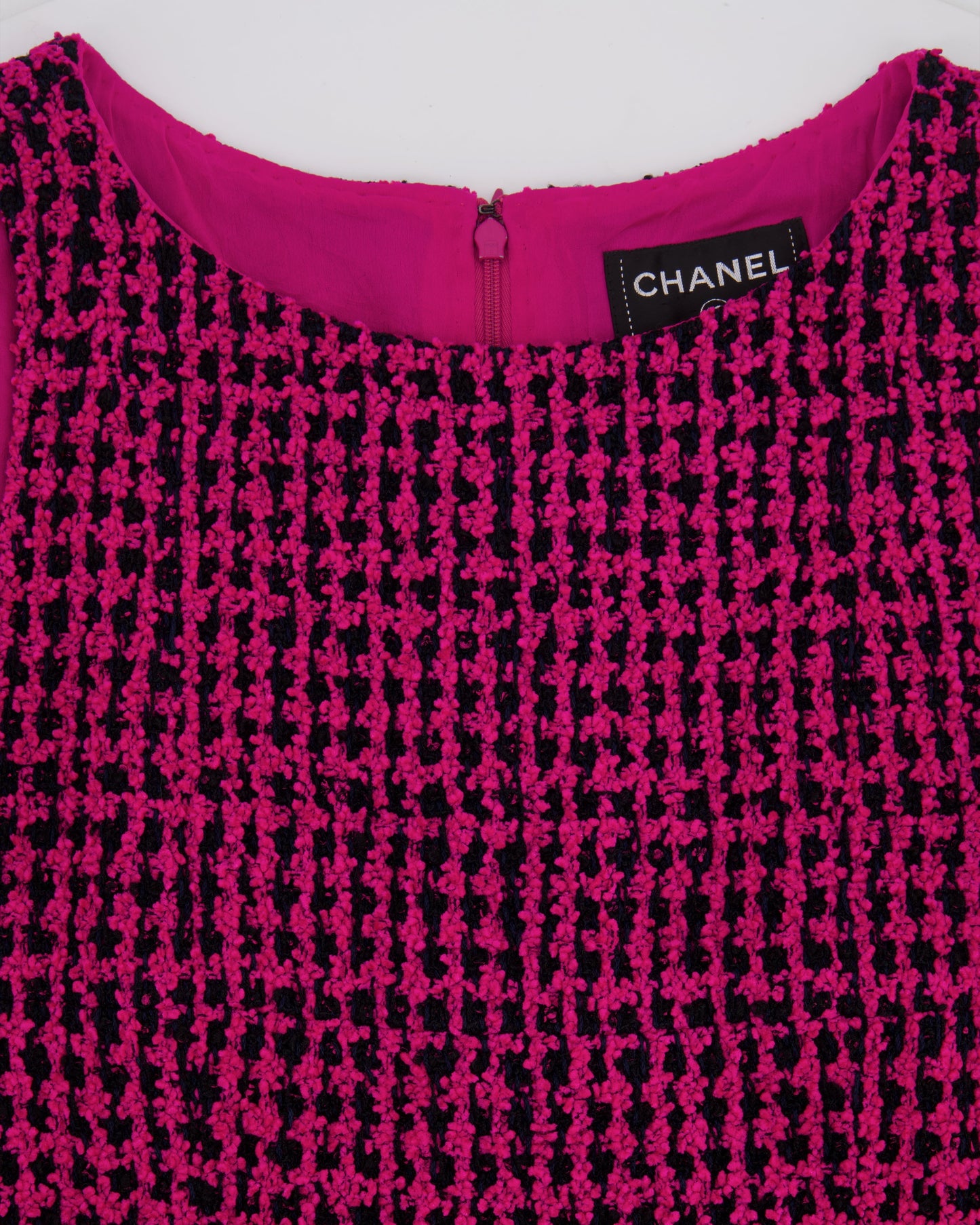 Chanel Fall 2016 Pink and Black Tweed Sleeveless Midi Dress with CC Logo Tweed Buttons Size FR 38 (UK 10)
