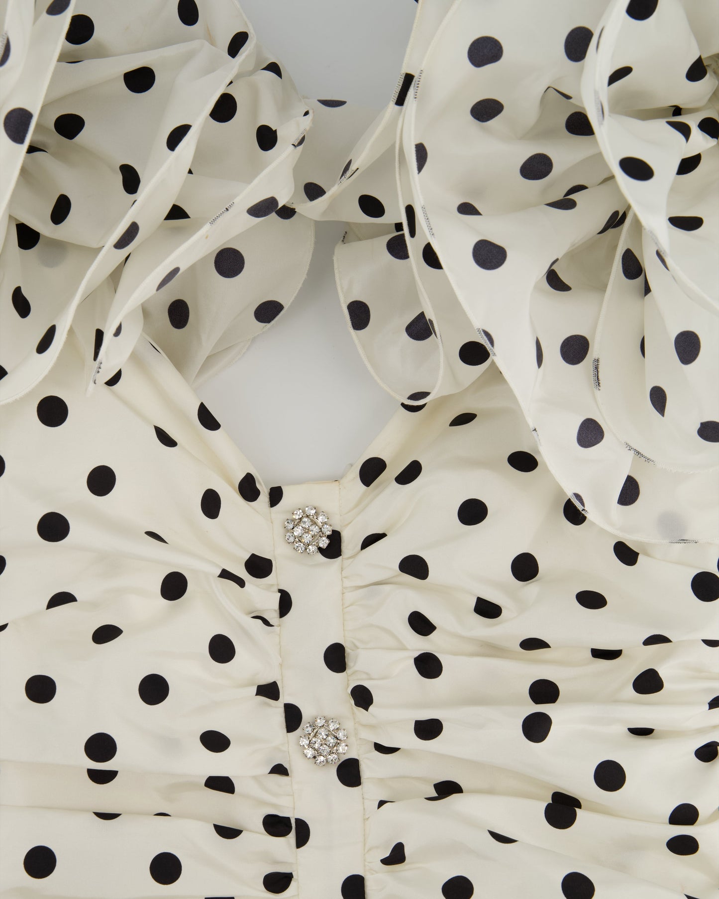 Alessandra Rich White & Black Polka Dot Ruched Crepe Mini Dress with Crystal Buttons and Strap Ruffle Details Size IT 38 (UK 6)