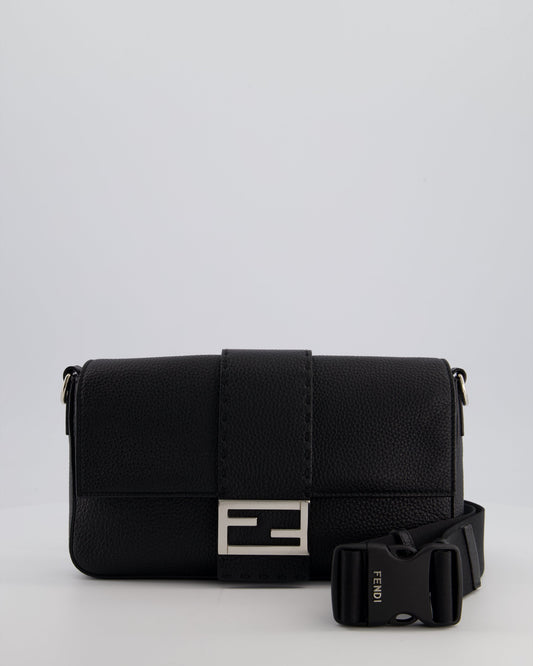 *MENSWEAR* Fendi Black Selleria Baguette Bag In Grained Leather with Silver Hardware