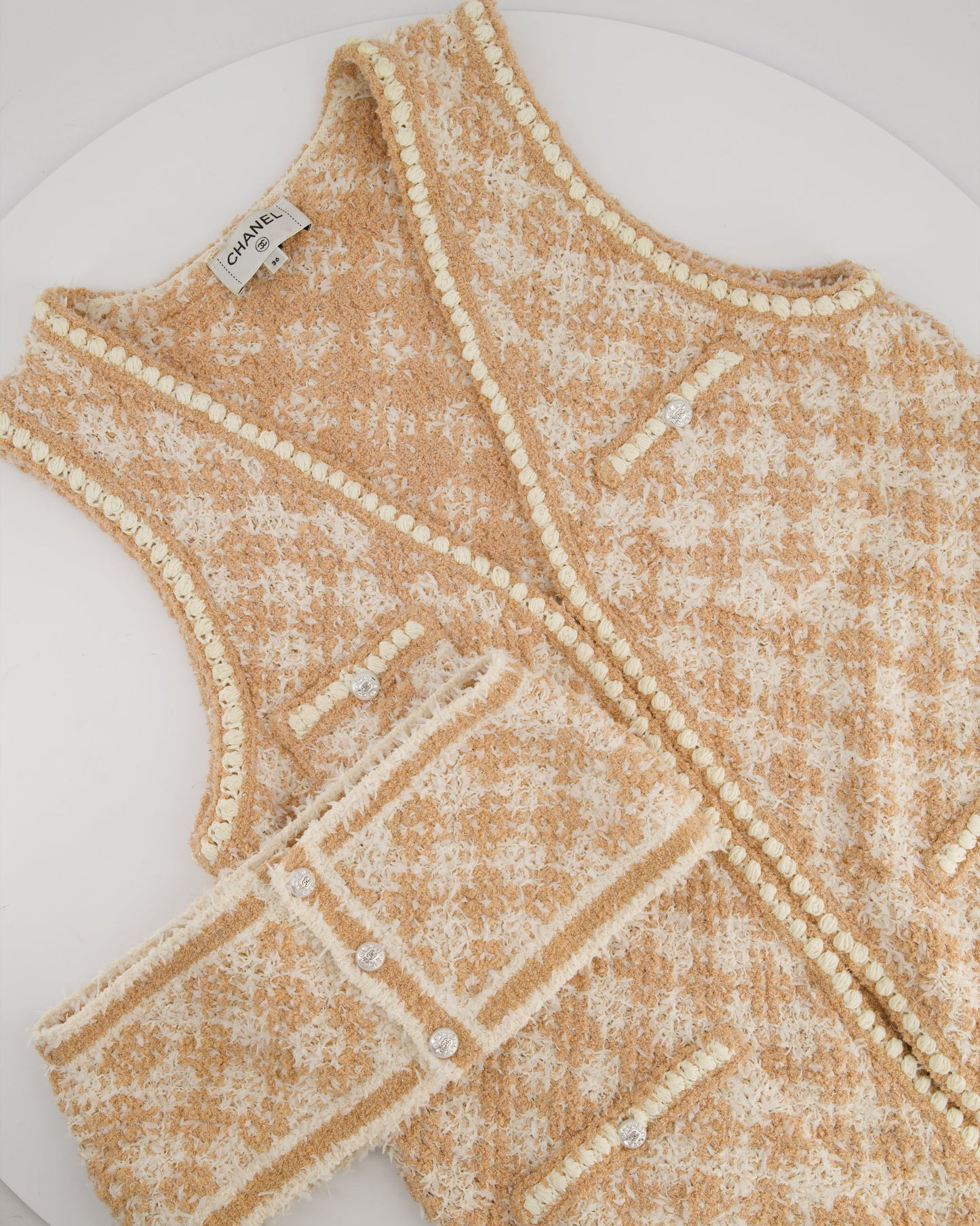 Chanel 23/S Dusty Pink & Ecru Tweed Gilet & Bralette Top with Crystal CC Buttons Detail Size FR 36 (UK 8)