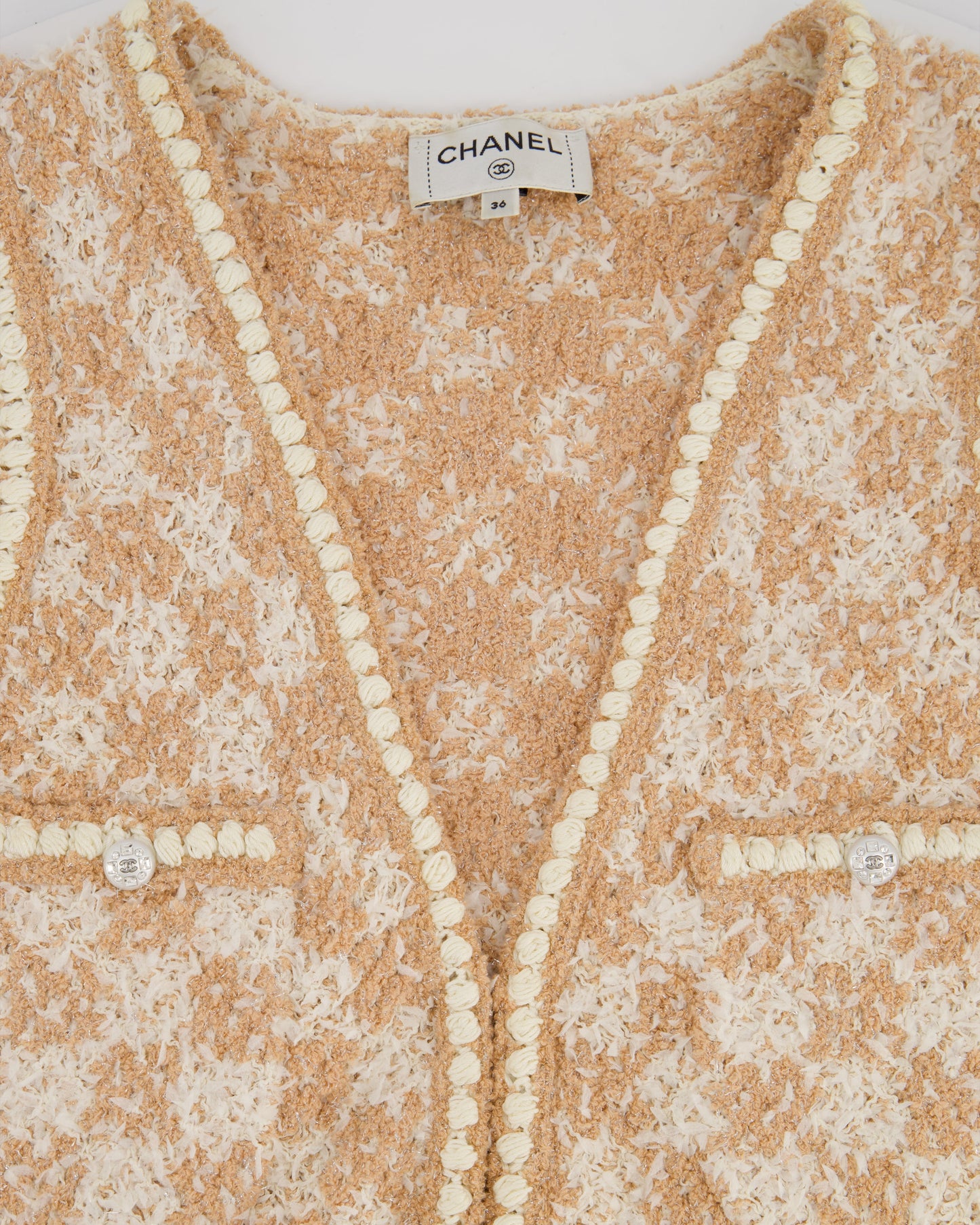 Chanel 23/S Dusty Pink & Ecru Tweed Gilet & Bralette Top with Crystal CC Buttons Detail Size FR 36 (UK 8)