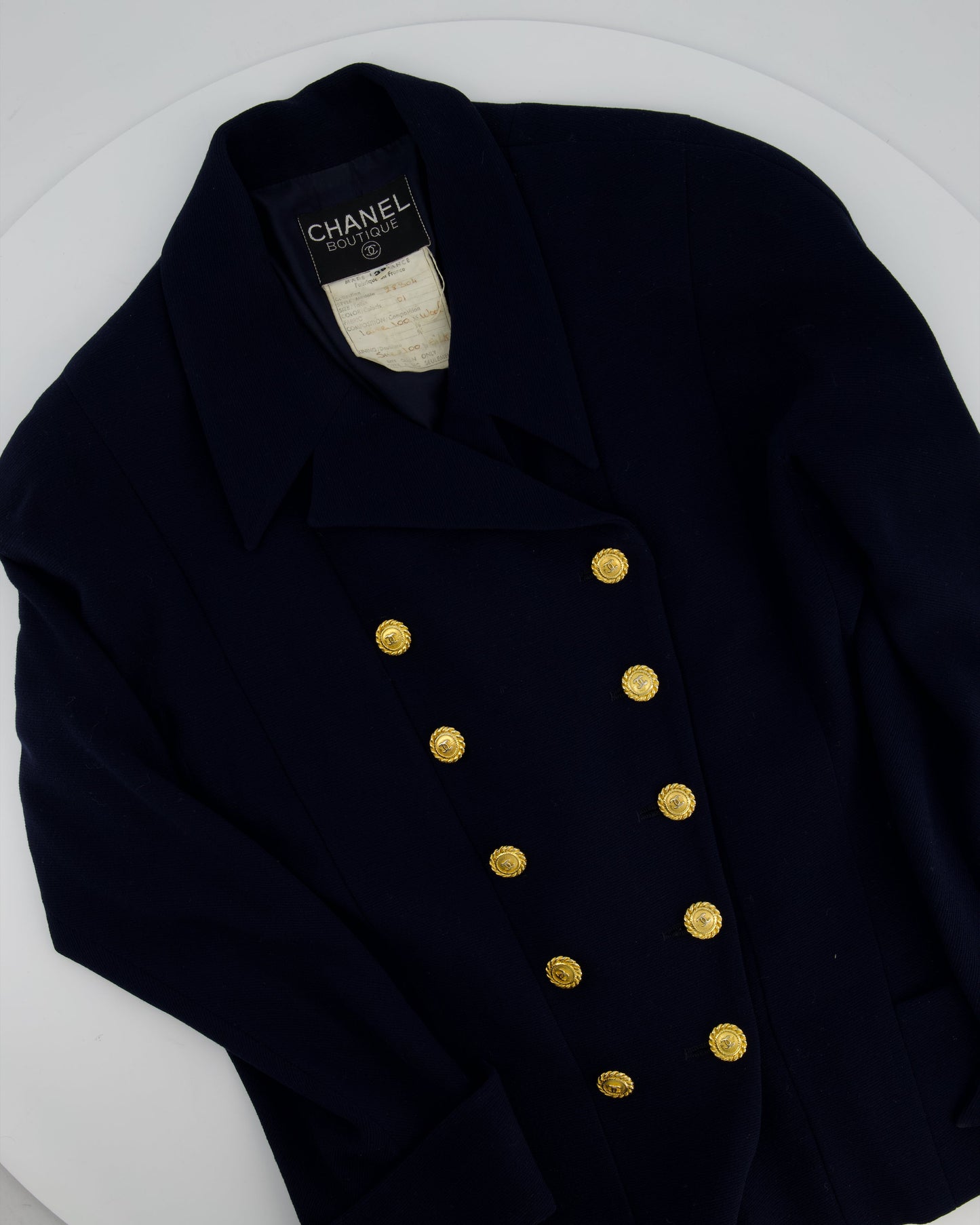Chanel   Navy Double Breasted Wool Blazer Jacket and Skirt Set with Gold CC Logo Button Detail FR 38 (UK 10)