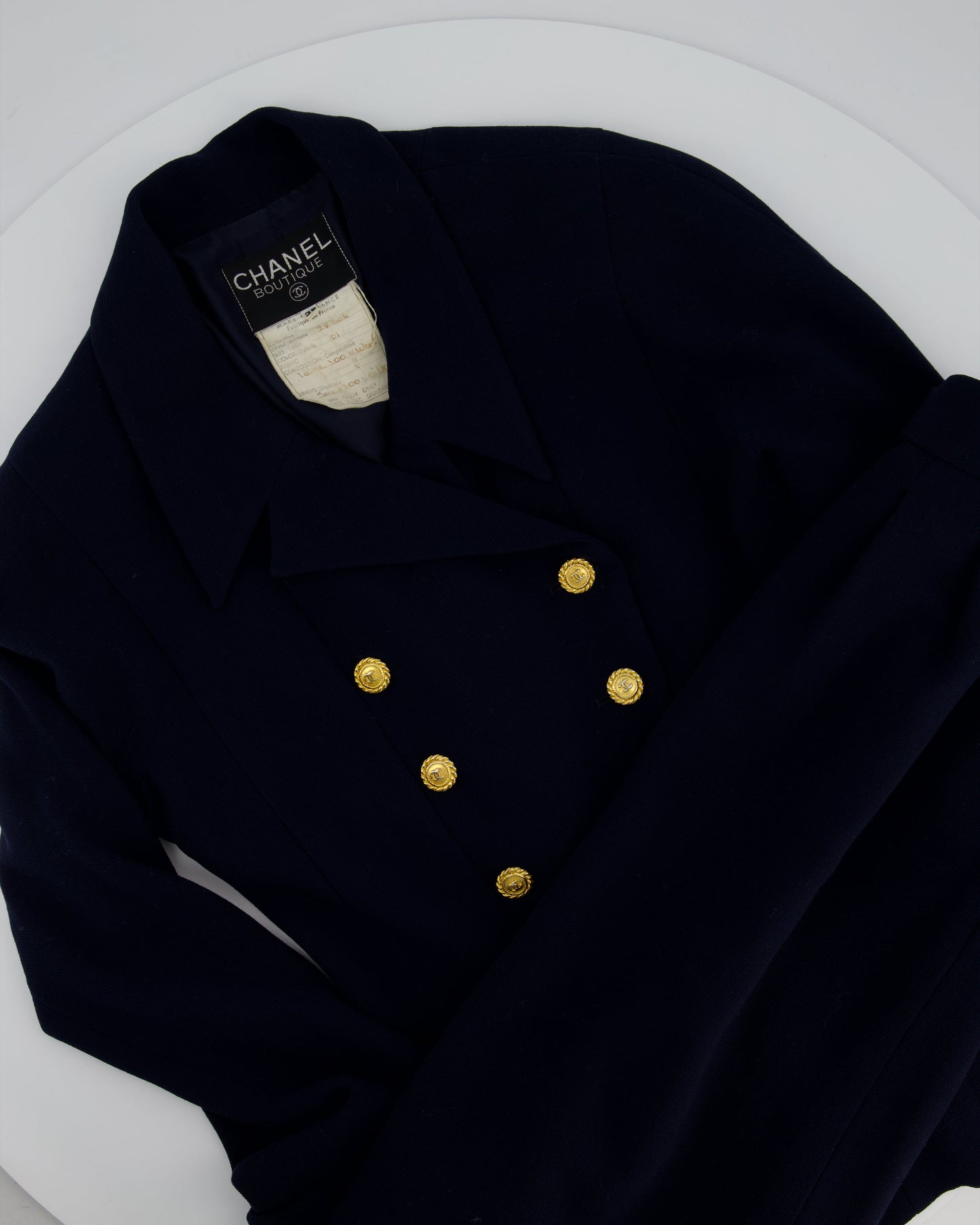 Chanel   Navy Double Breasted Wool Blazer Jacket and Skirt Set with Gold CC Logo Button Detail FR 38 (UK 10)