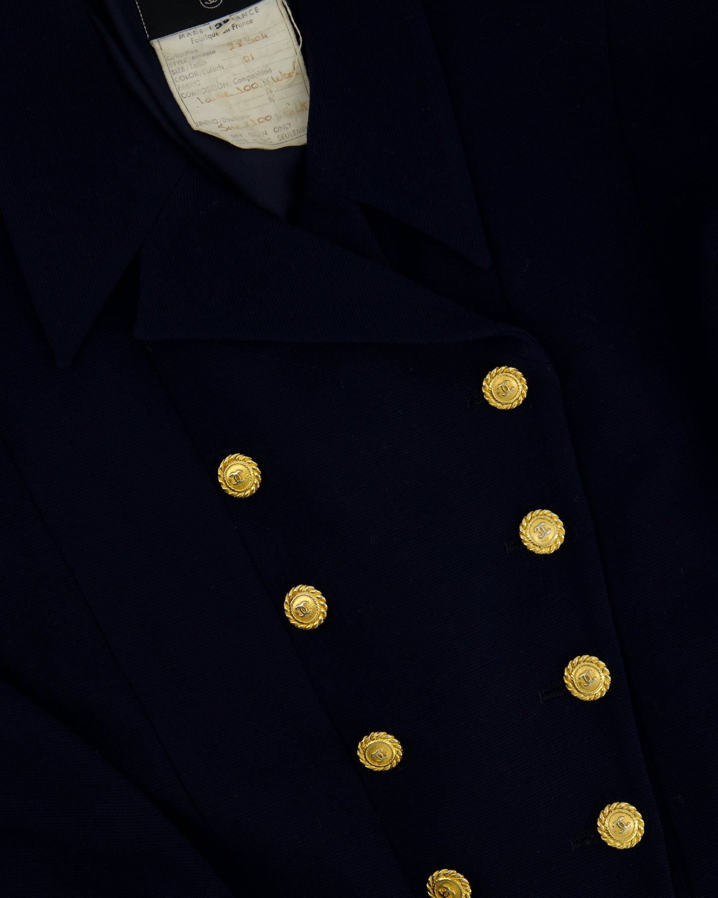 Chanel   Navy Double Breasted Wool Blazer Jacket and Skirt Set with Gold CC Logo Button Detail FR 38 (UK 10)