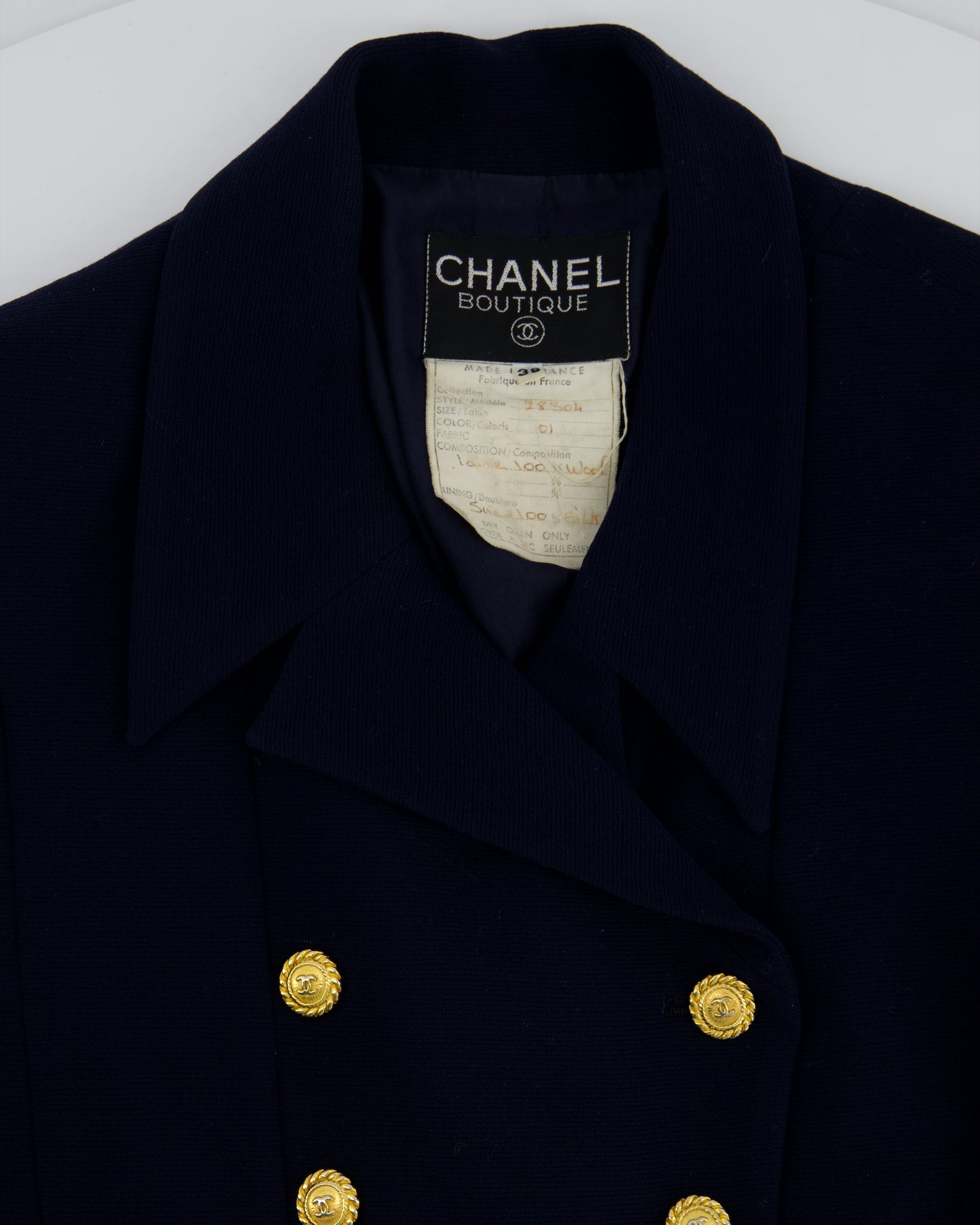 Chanel   Navy Double Breasted Wool Blazer Jacket and Skirt Set with Gold CC Logo Button Detail FR 38 (UK 10)