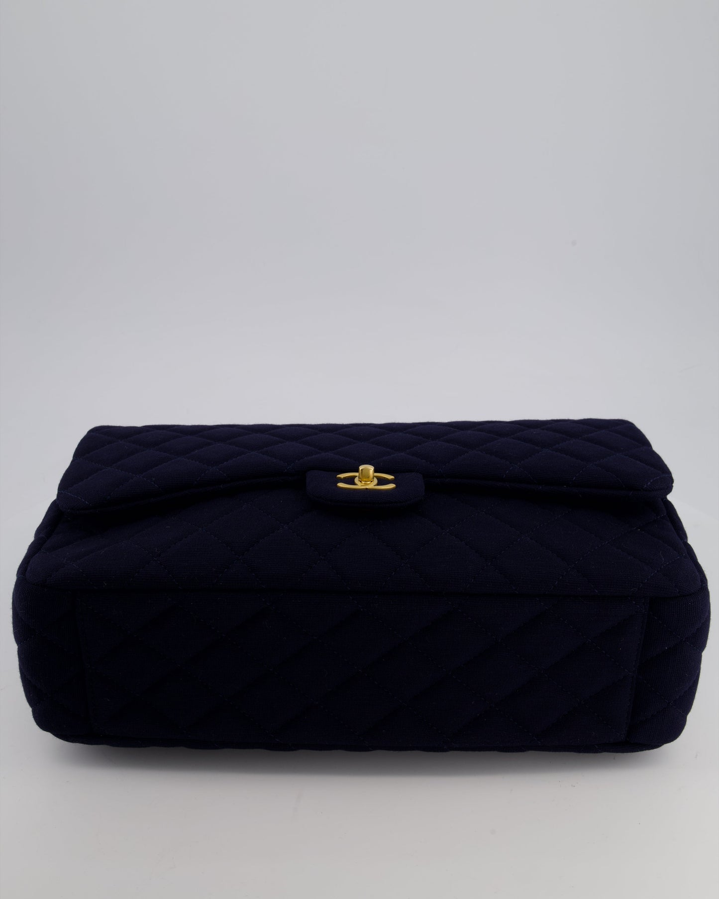 *HOT* Chanel Navy XXL Single Flap Bag in Quilted Jersey with Gold Hardware