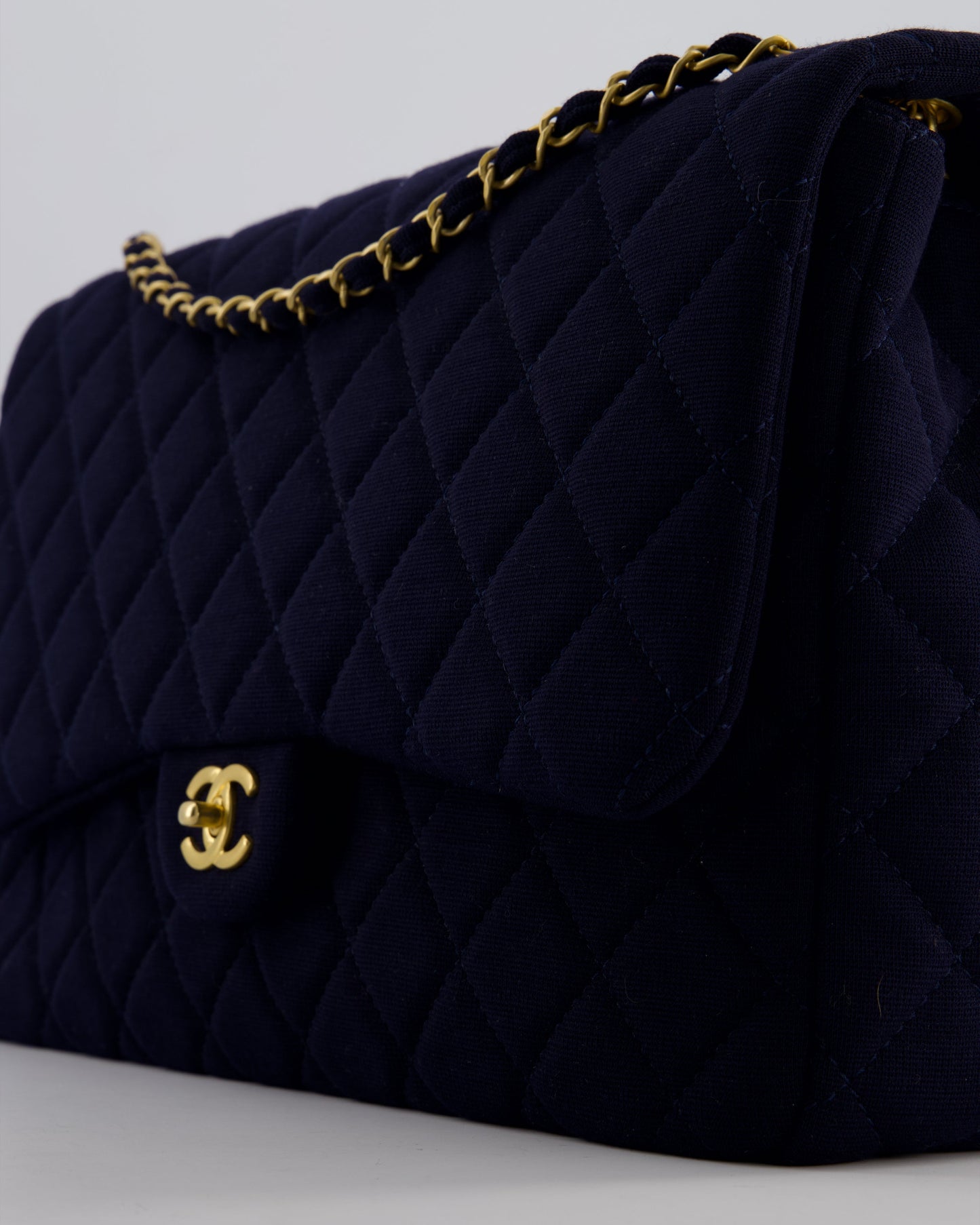 *HOT* Chanel Navy XXL Single Flap Bag in Quilted Jersey with Gold Hardware