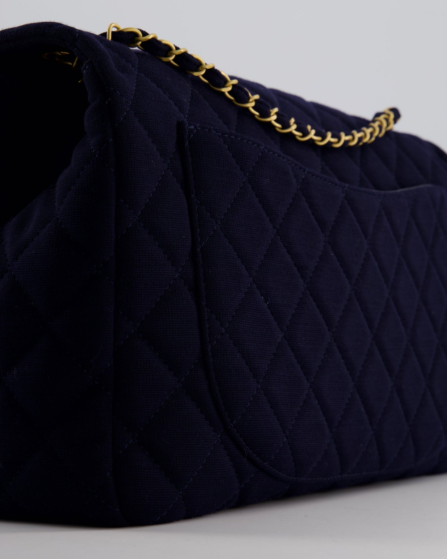 *HOT* Chanel Navy XXL Single Flap Bag in Quilted Jersey with Gold Hardware